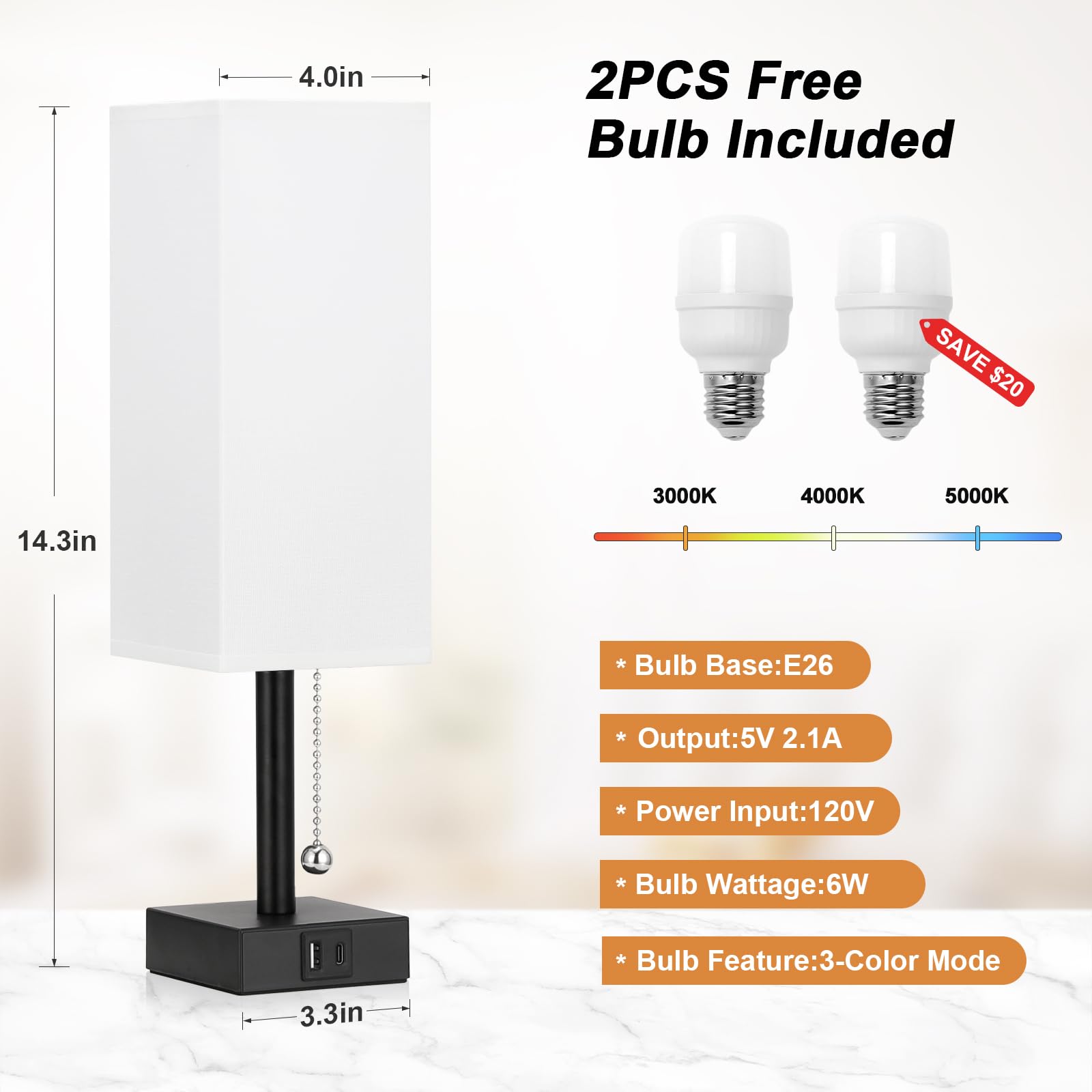 Bedside Lamps Set Of 2 - White, 3 Color Temperatures, Usb Charging, Pull Chain Night Light