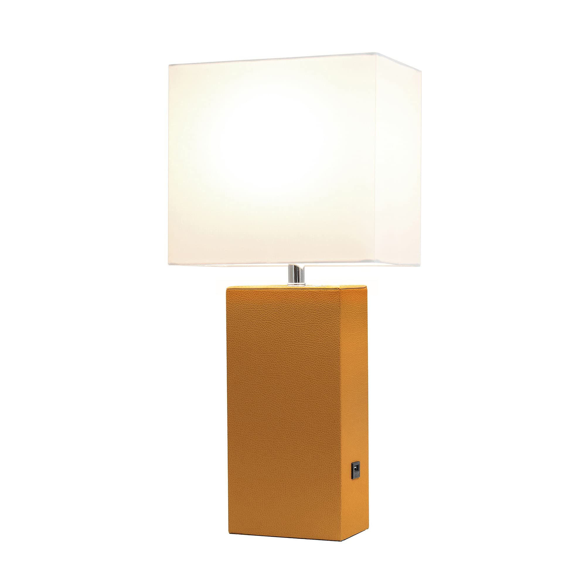 LALIA HOME Bedside Table Lamp with USB Charging Port, 21in, Tan, MDF & Leather (PVC), Model LHT-3012