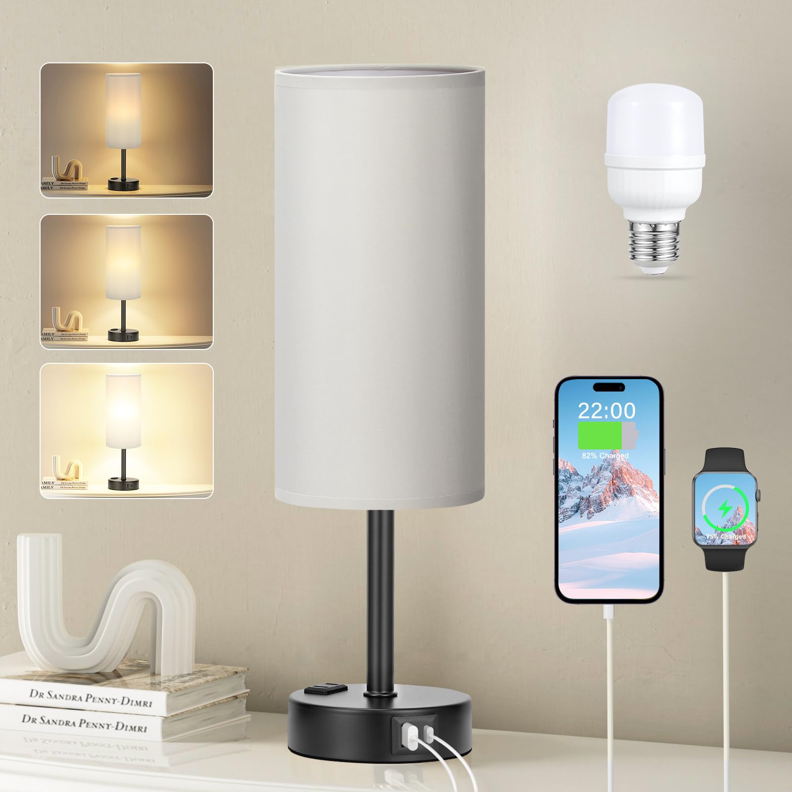 Fenmzee Grey Touch Bedside Lamp for Bedroom - 3 Way Dimmable Table Lamp USB C Charging Ports and AC Outlet, Small Desk Lamp for 