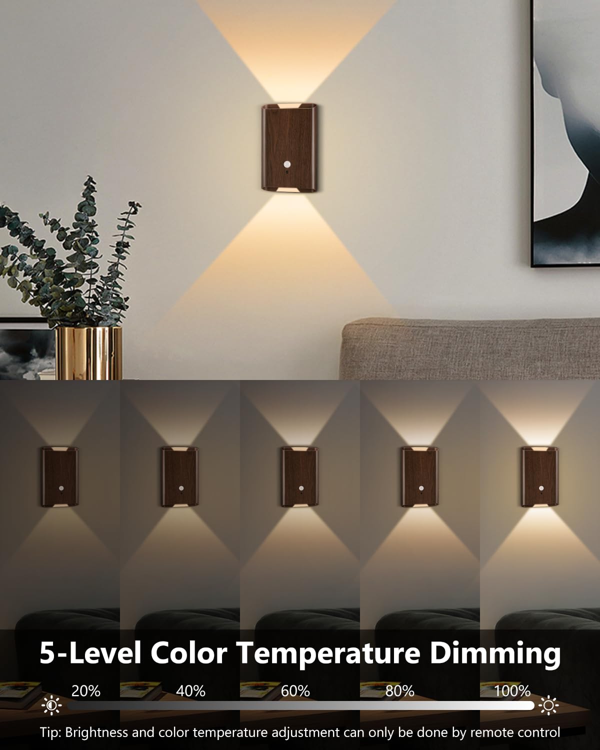 WERFOP Rechargeable Motion Sensor Wall Sconce Set of 2 - 5000mAh Wireless Light, Walnut, Indoor Use, Remote Control, Model WF-WALL-Wu