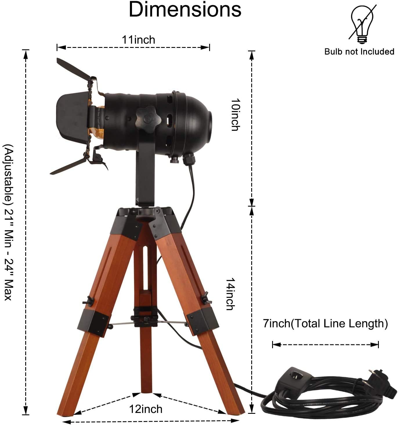SUNLLOK Tripod Floor Lamp - Metal & Wooden Nautical Design - Adjustable Height - Black - Middle Size