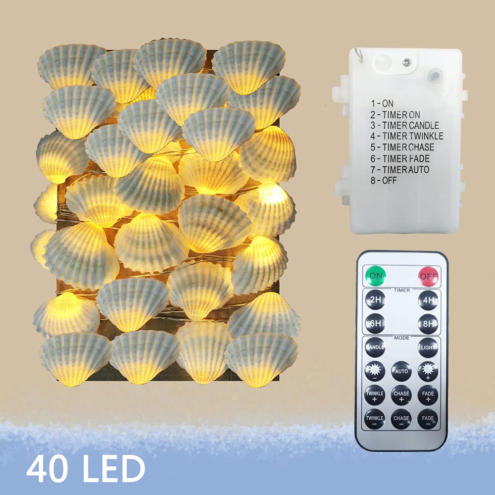 Starryfill 40 LED String Lights, 13.85Ft, Battery Operated, Waterproof, Warm White, Seashell, Model NDIE0501, Beach Themed Decoration