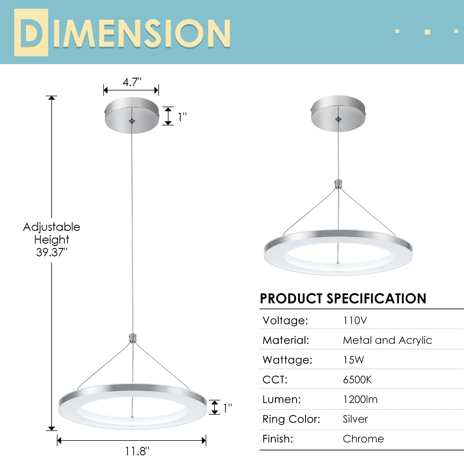 Chying Modern Led Pendant Light Kitchen Island Silver Ring Pendant Lighting 6500K Cool White Adjustable Height Ceiling Hanging Light Fixture For Bedroom Dining Room Living Room