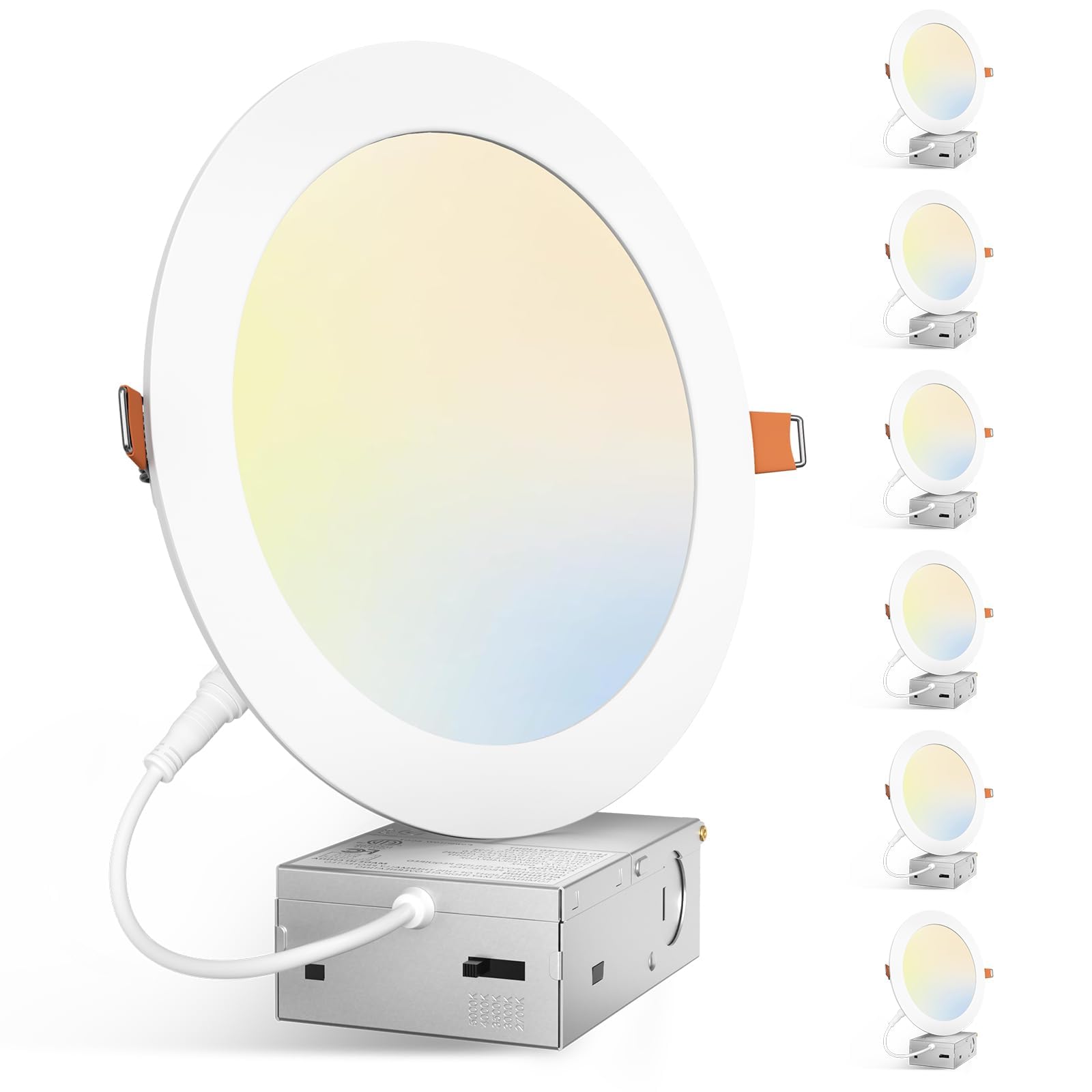 Amico 6 Pack 7 Inch 5CCT Ultra-Thin LED Canless Recessed Ceiling Light with Junction Box, 2700K/3000K/3500K/4000K/5000K Selectab