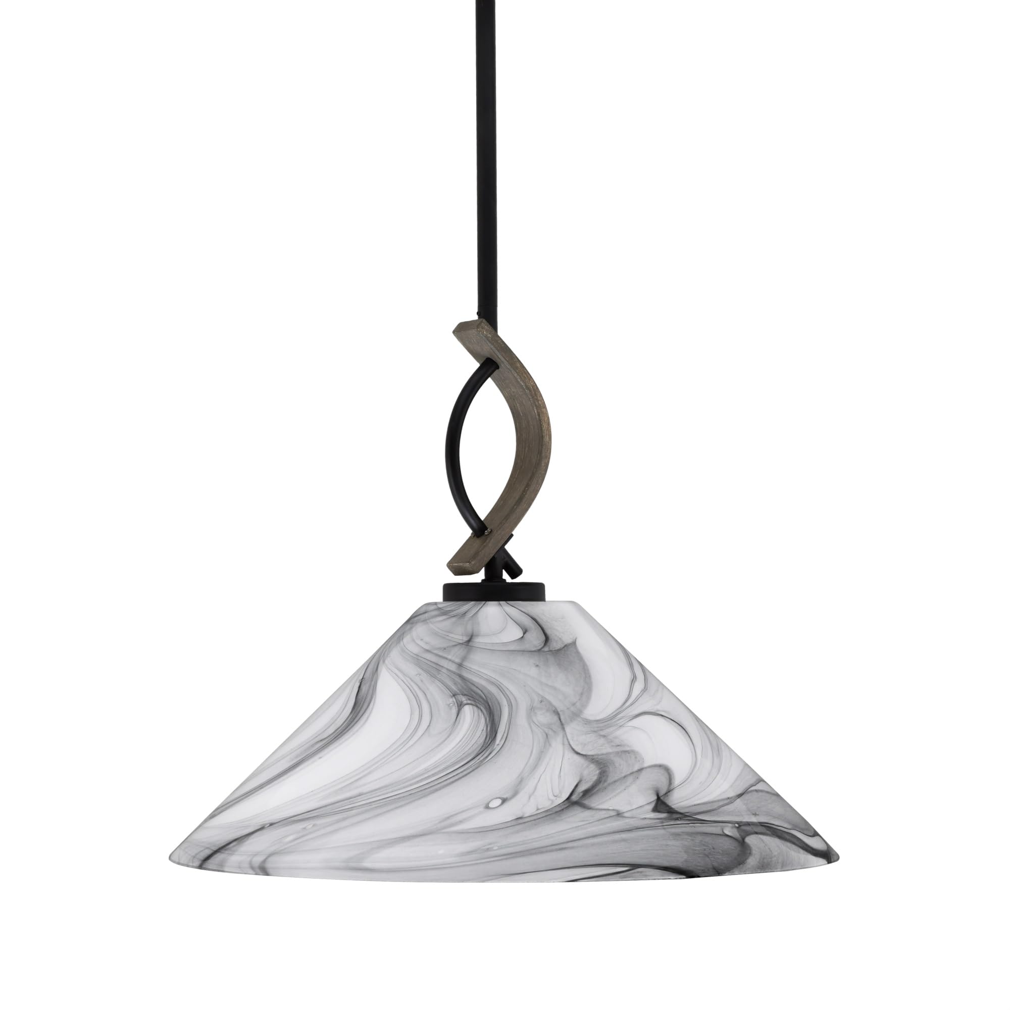 Toltec Lighting Monterey Stem Hung Mini Pendant, 16in Onyx Swirl Glass, Matte Black & Distressed Wood-Look Metal Finish