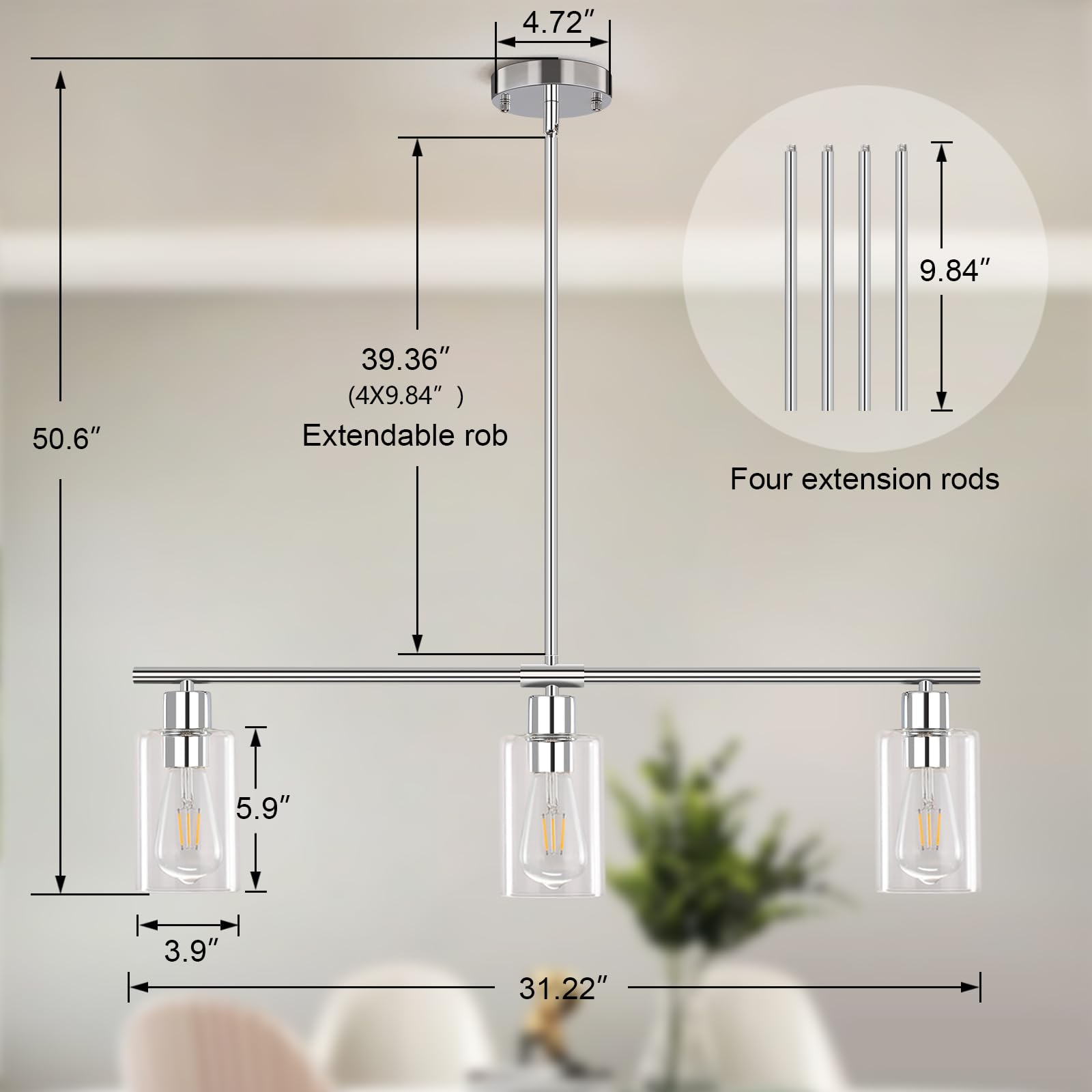 Yarlkav Kitchen Island Lighting, 3 Lights Linear Chandeliers Rectangle Pendant Light Fixtures For Dining Room Farmhouse Hanging Light With Glass Shades(Chrome)