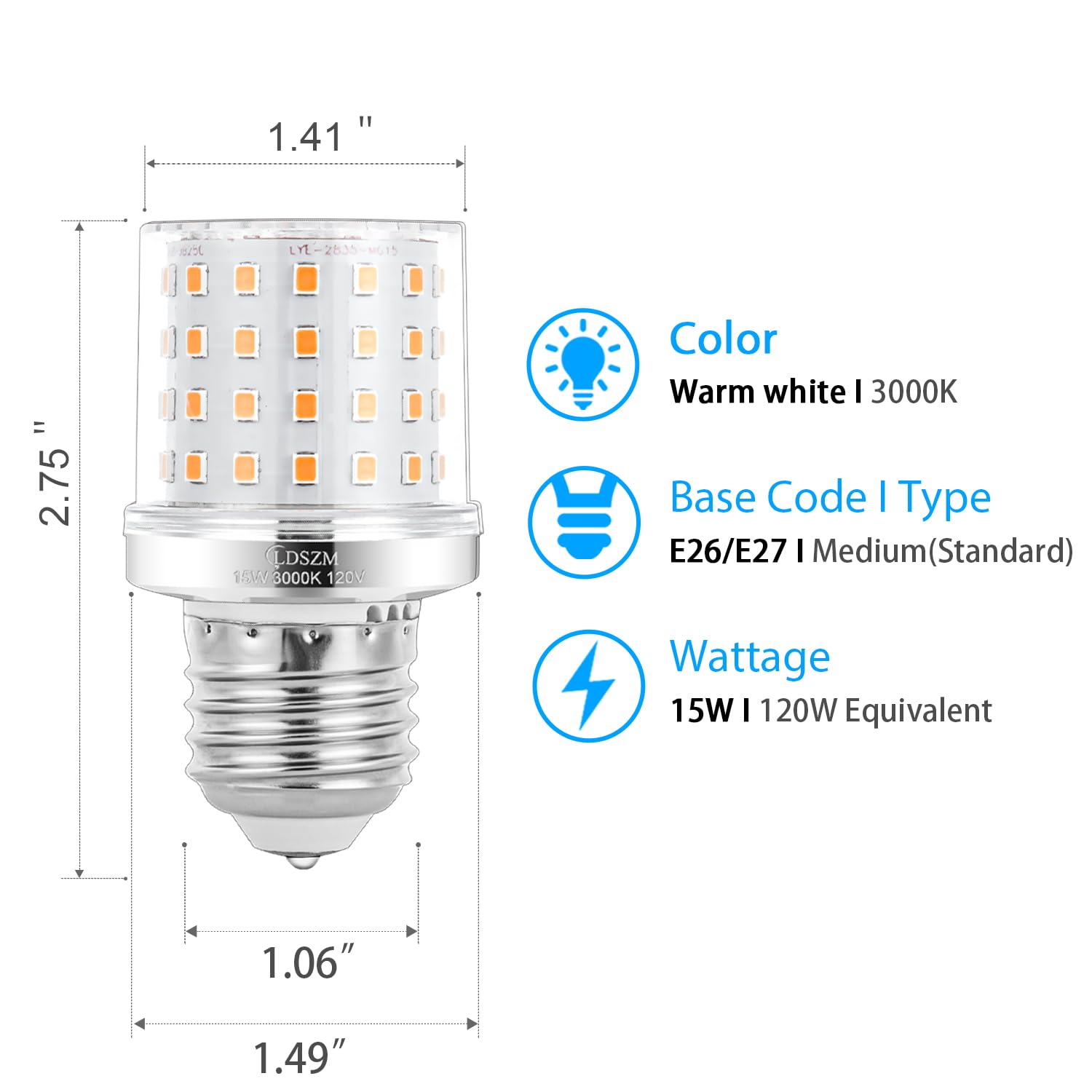 Ldszm Small Light Bulb A15/G45 Shape Size Super Bright 15W Led Corn Bulbs 120 Watt Equivalent 1200Lm Warm White 3000K E26/E27 Ba