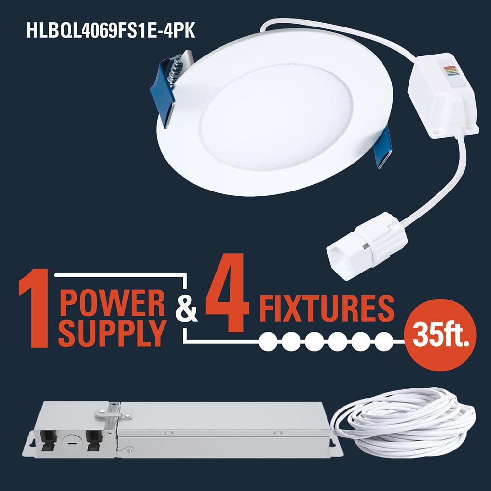 Halo Quicklink 4 Inch Canless Ultra-Thin Recessed Lighting Led Wafer Light For Ceiling And Shower - 4 Pack Starter Kit - 640 Lum