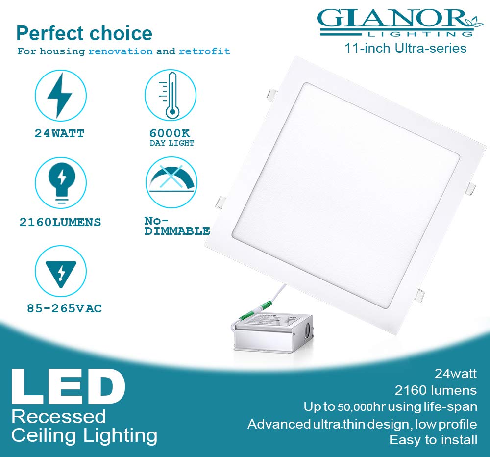 Gianor 8 inch 18W Ultra Thin Square Recessed Light with J-Box, 6000K Daylight, 150W Equivalent, No-Dimmable Ceiling Light