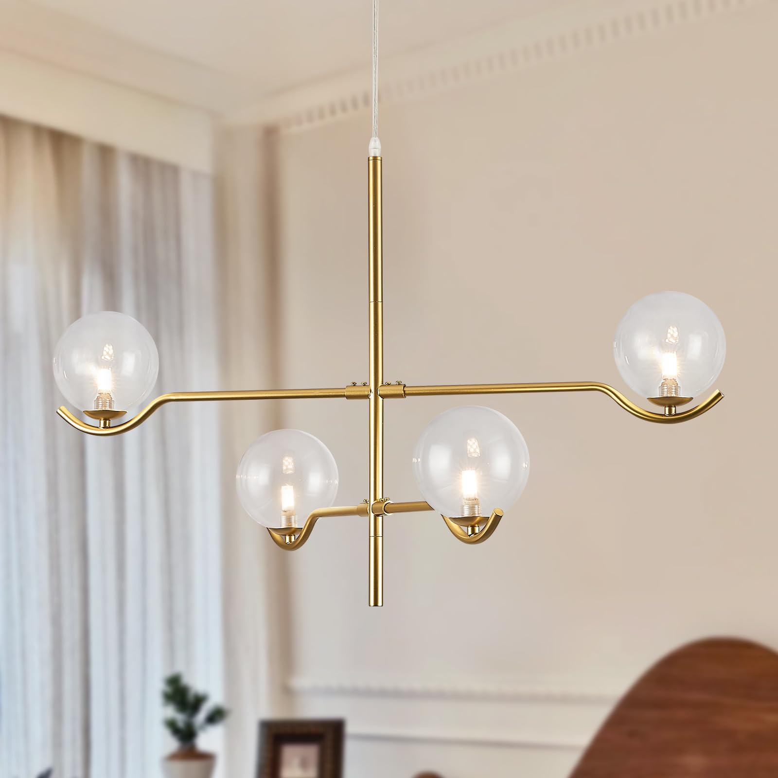 Catiner 4 Lights Gold Sputnik Chandelier, Modern Large L31 '' Mid Century Long Ceiling Pendant Light Fixtures With Clear Glass G