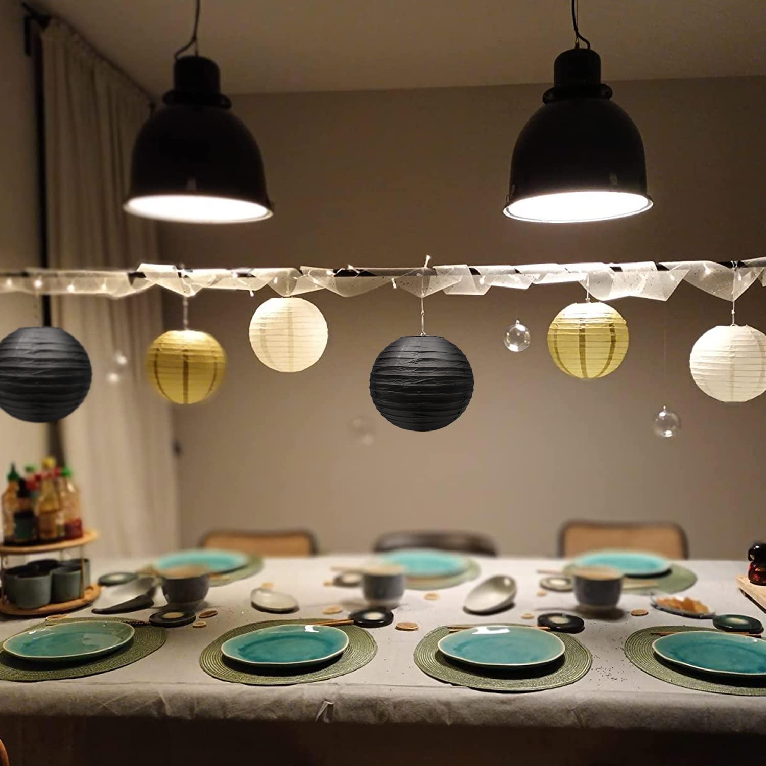 Hossom Round Chinese Paper Lanterns 18pcs, Decorative Hanging Lanterns, Assorted Sizes, Black/Gold/White, Model HM-18HBJDL-US