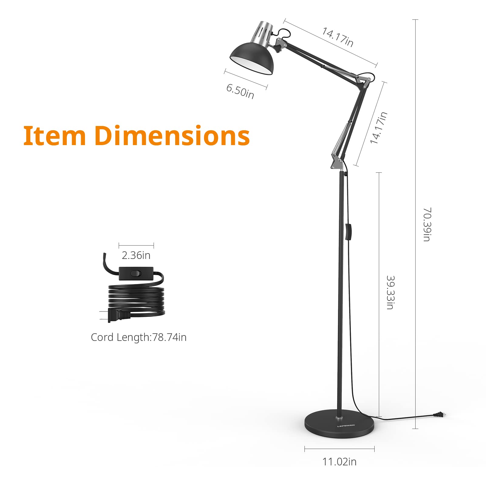 LEPOWER Industrial Floor Lamp, Swing Arm Design, Metal Base, E26, Black, Model UF2006 for Home Office, Living Room, Bedroom