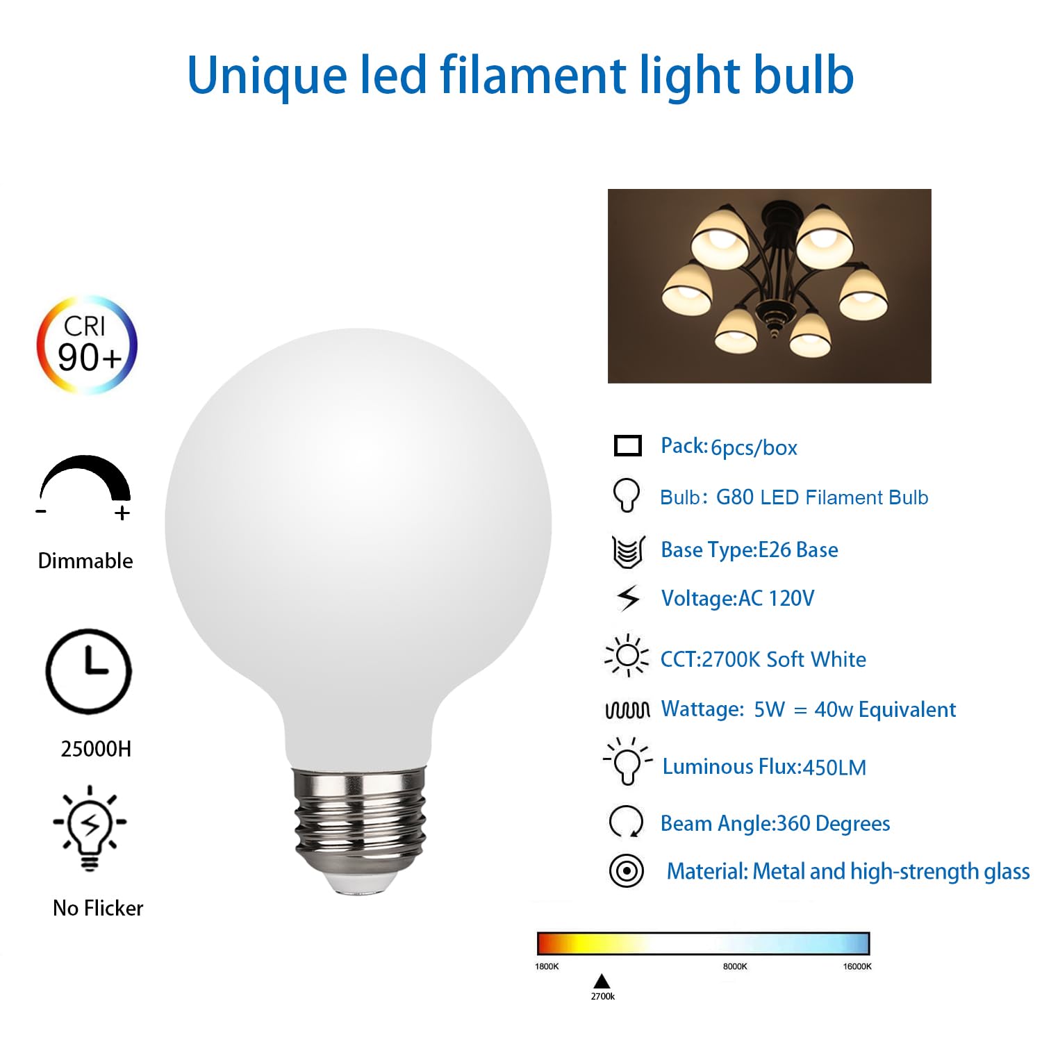 Myemitting 6 Pack G25/G80 Globe Led Bulb, Warm White 2700K Dimmable Led Globe Bulb, 5W Equivalent 40W Led Globe Light Bulbs, Cri