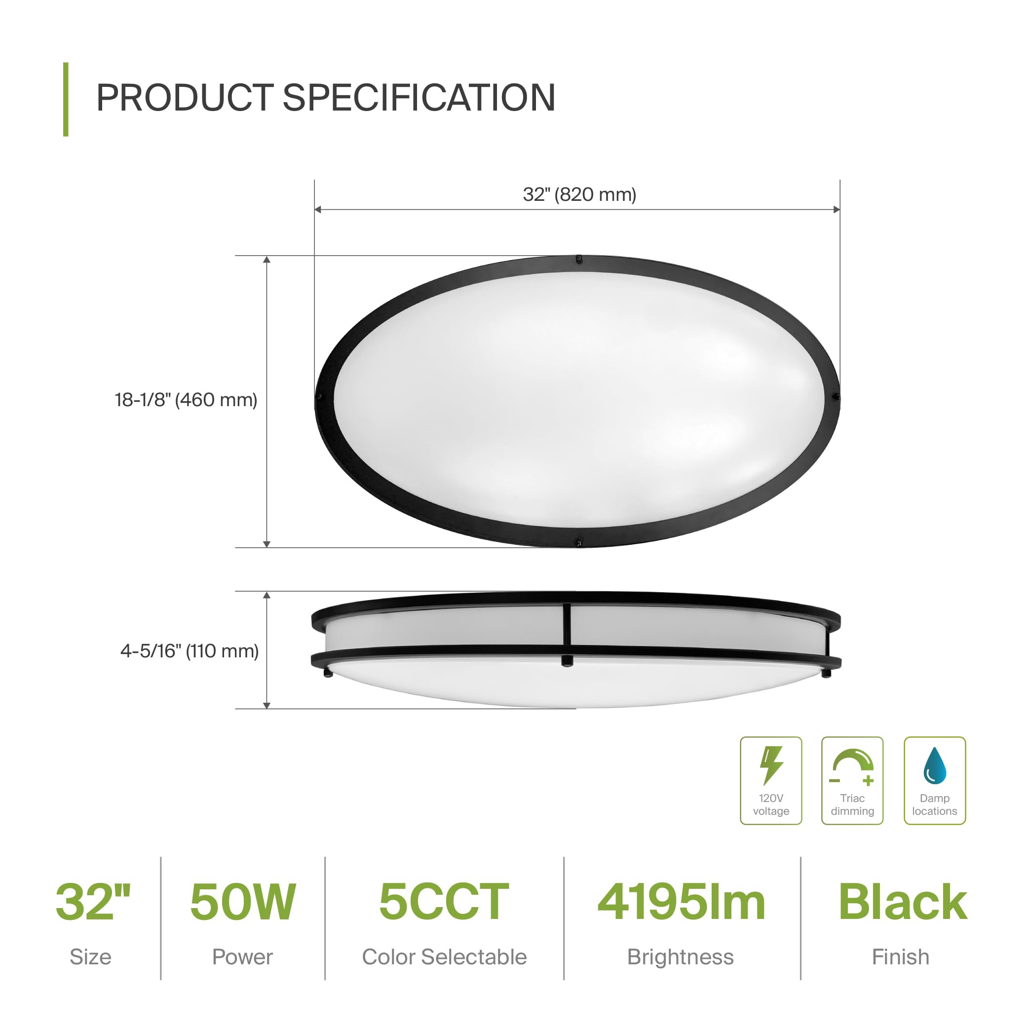 ASD LED Flush Mount Light Fixture, 50W 3960LM, Dimmable, 32 Inch, Black, 2 Pack, Model A-FMOV-32D50BK-2