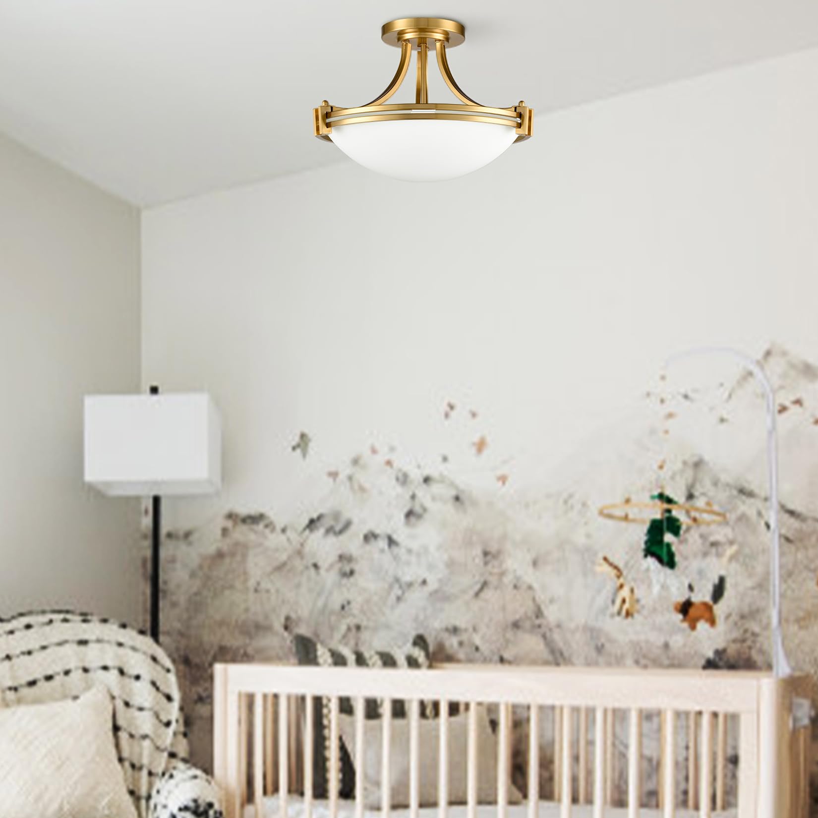 Samteen Modern Brass Semi Flush Mount Ceiling Light 3-Light Mid Century Gold Flush Mount Light Milk Glass Ceiling Light Fixtures