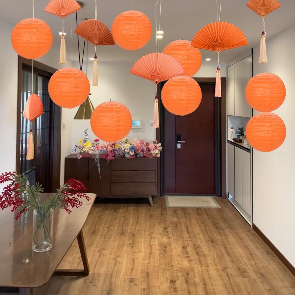 Peywot 12Pcs Round Paper Lanterns, Assorted Sizes (6in 8in 10in 12in), Orange, Paper, Model ST-DL-Par12 for Home and
