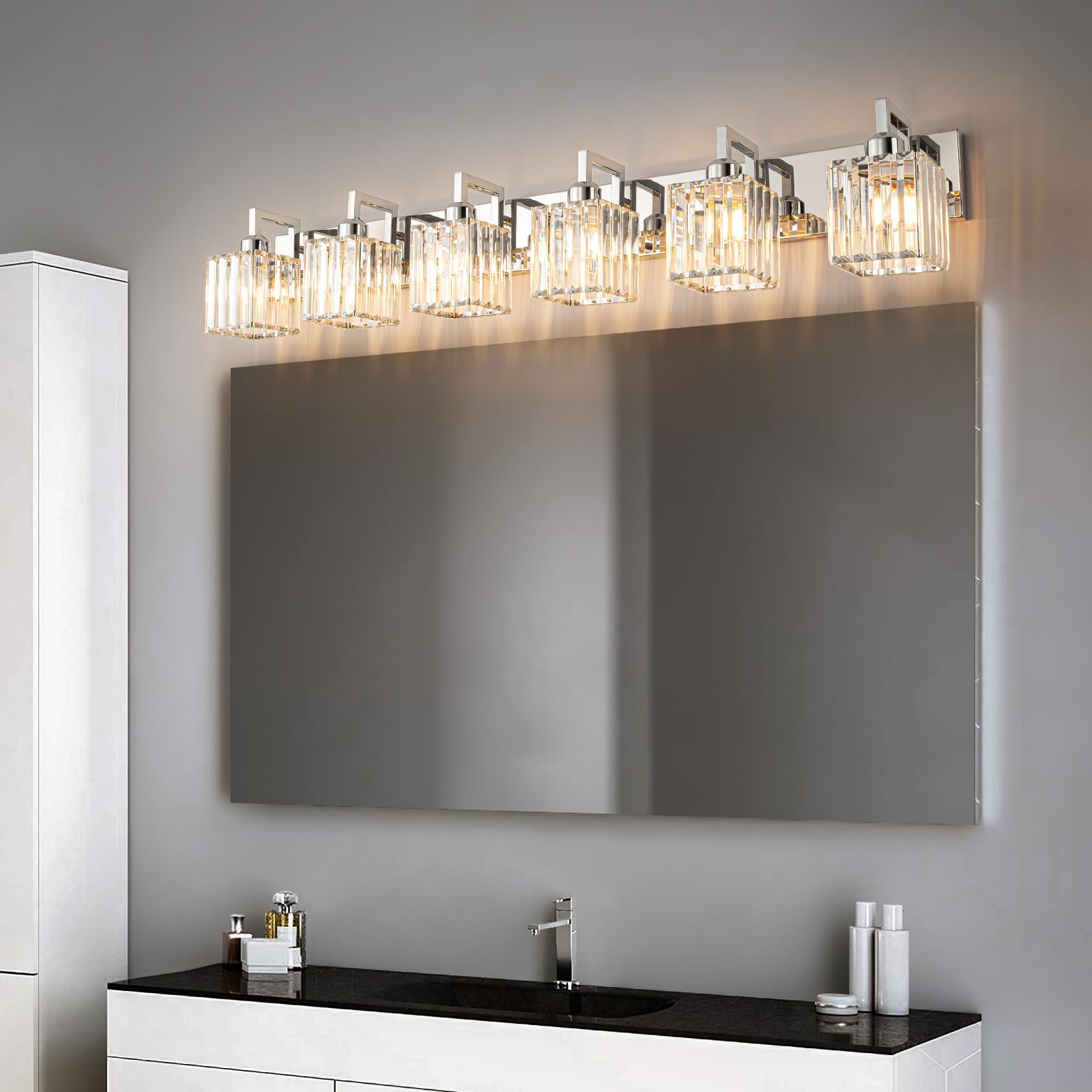Fdpby Modern Bathroom Vanity Light 6-Lights Chrome Crystal Wall Lamp Bathroom Modern Crystal Vanity Lighting