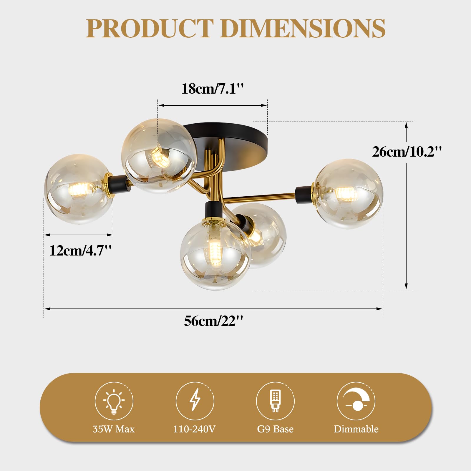 Kco Lighting 5-Light Mid-Century Modern Glass Globe Semi Flush Mount Ceiling Light Black And Gold Brush Metal Sputnik Chandelier