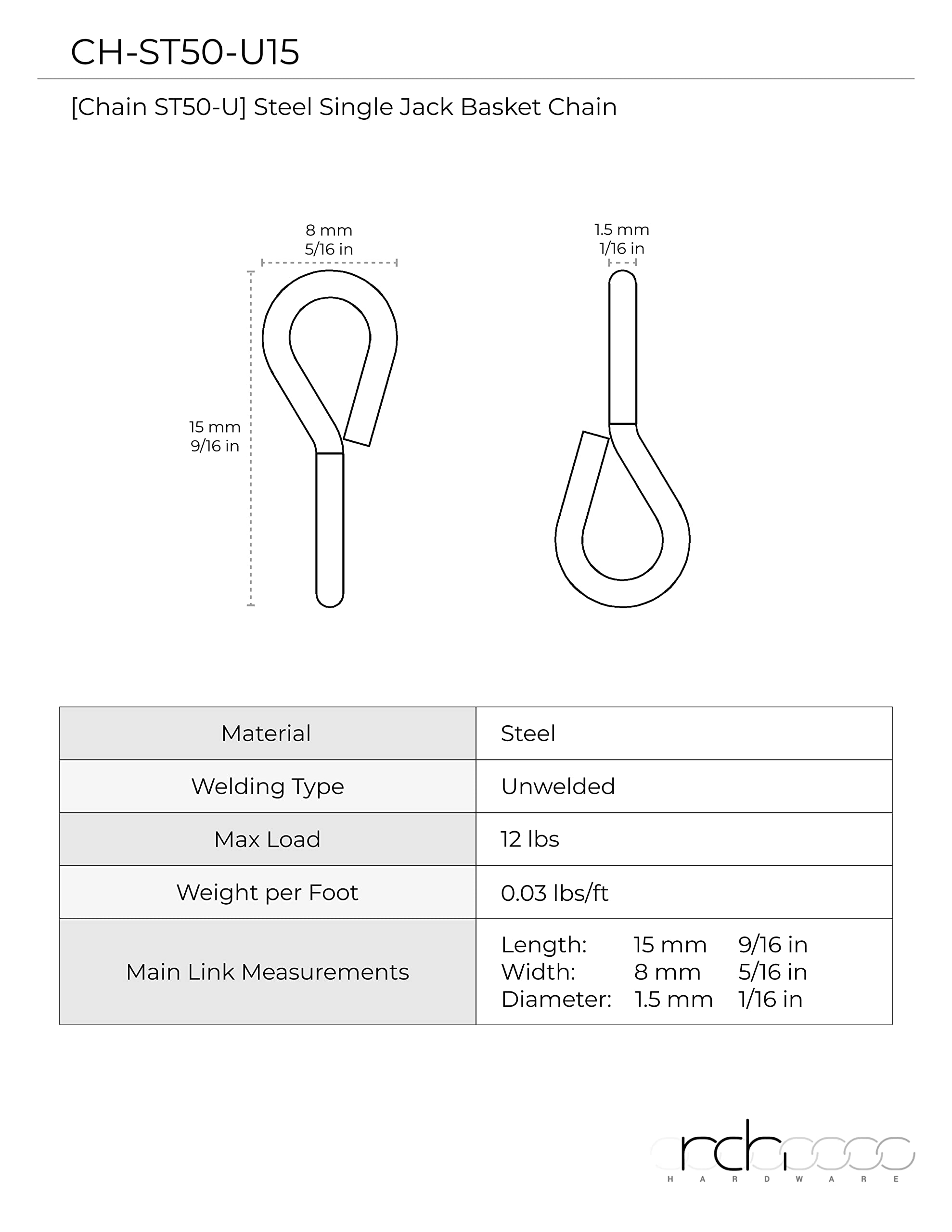 RCH Hardware Single Jack Fixture Chain, 14 Gauge Steel, 3 Foot, Polished Brass Finish, Model CH-S50-16-PB-3