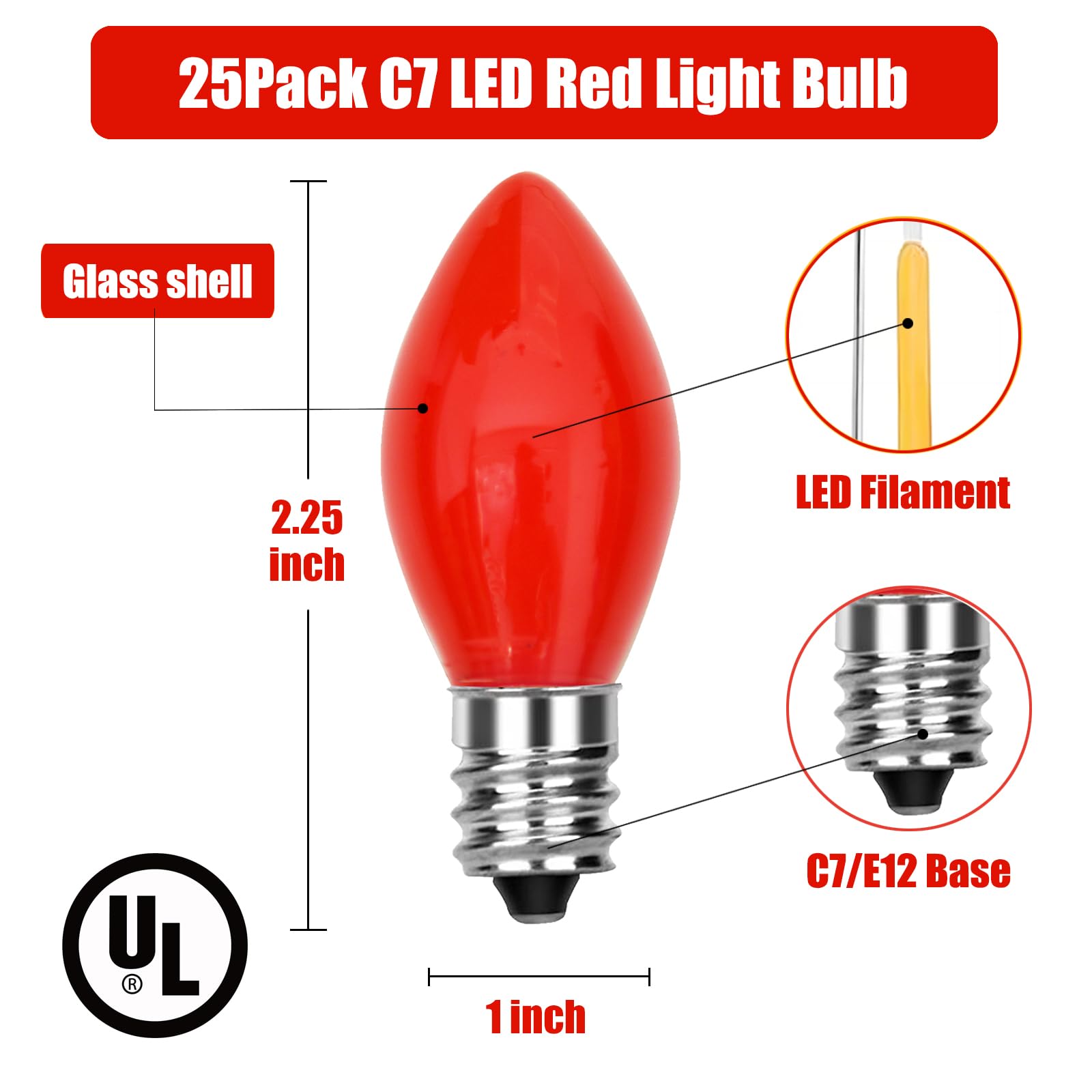 Sunsgne 25 Pack C7 Led Red Replacement Christmas Light Bulbs, 0.6W Led Plastic Vintage Night Light Bulbs For Christmas Indoor Ou