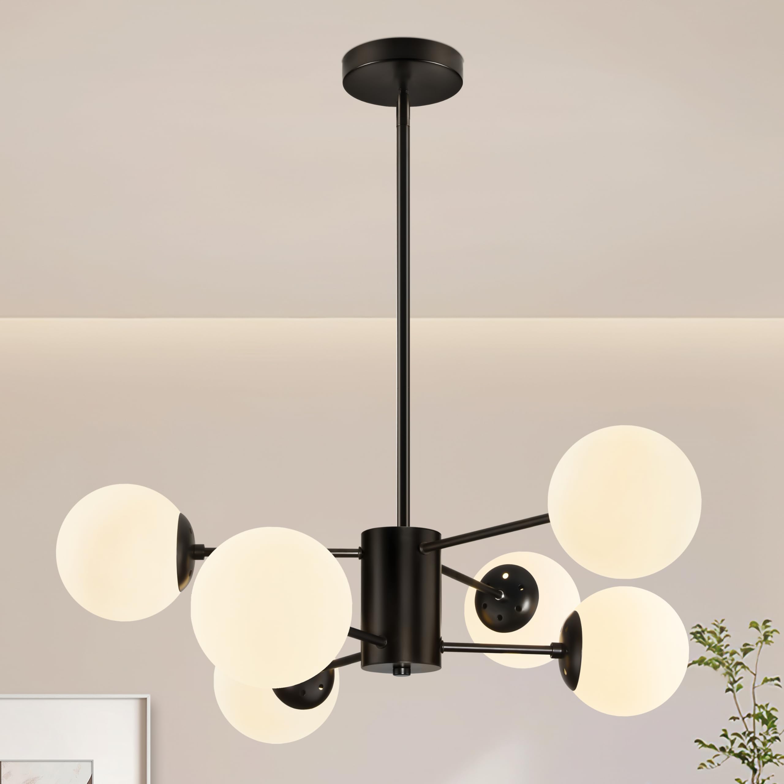 Bagood 6-Light Sputnik Chandelier Black Sputnik Chandeliers Modern Mid Century Globe Pendant Light Matte Black Finished with Whi