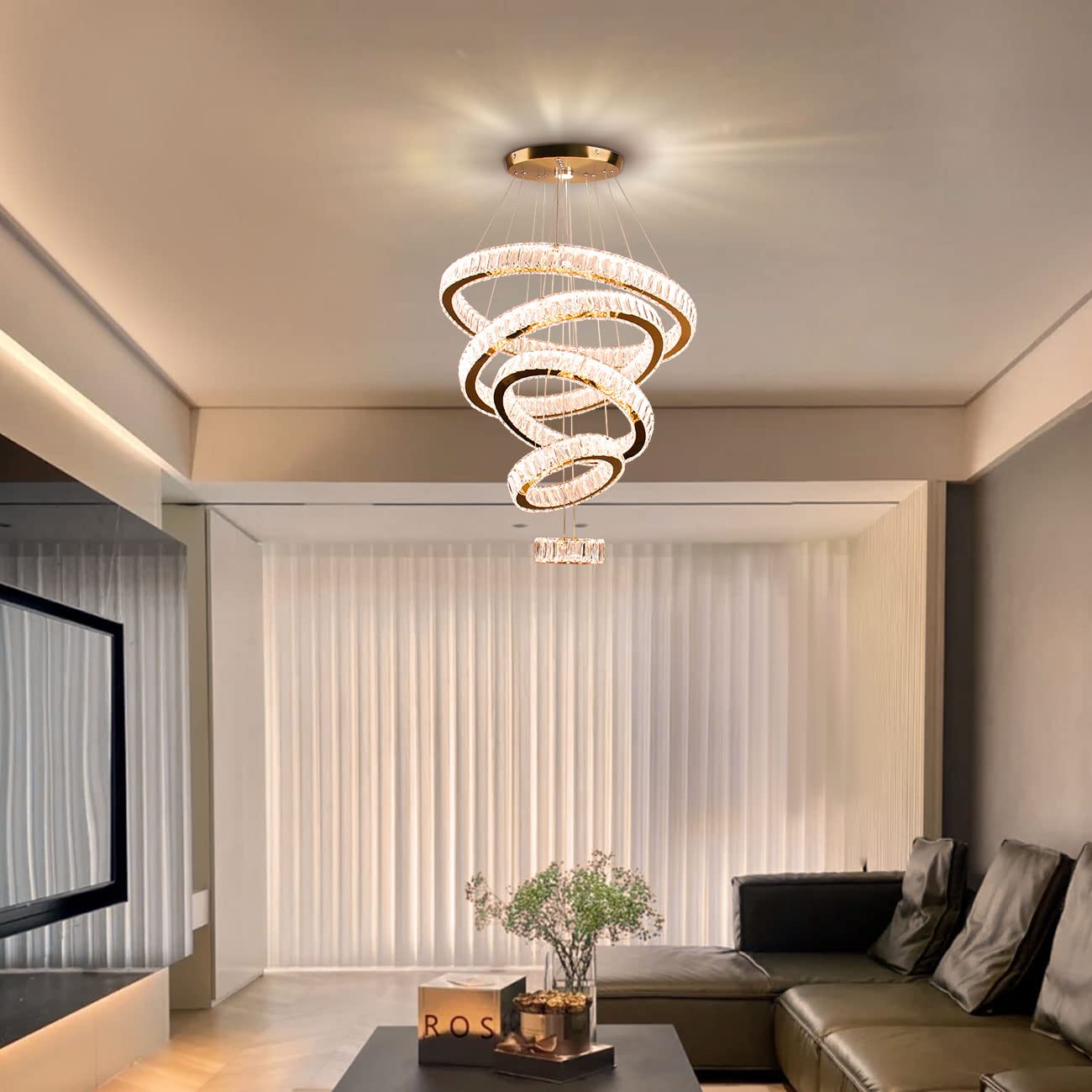 Dixun LED Big Crystal Chandeliers Modern 5 Rings Pendant Light Adjustable Ceiling Light for Bedroom Dinning Room Kitchen (Warm W