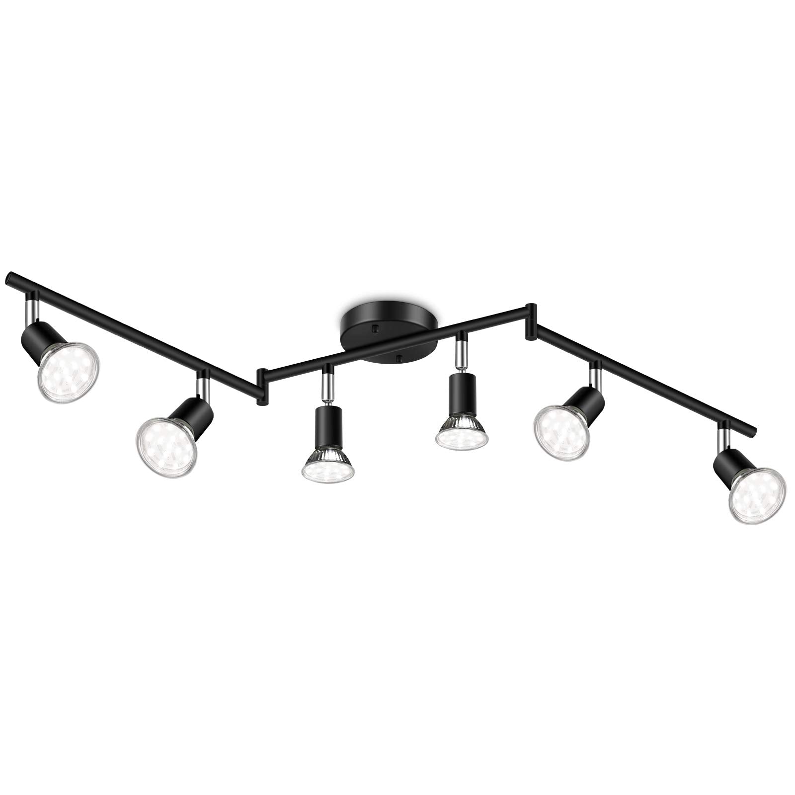 Ascher 6-Light LED Track Lighting Kit, Flexibly Rotatable Light Heads, 6 Way Ceiling Spotlight Black Finish, Including 6 GU10 LE