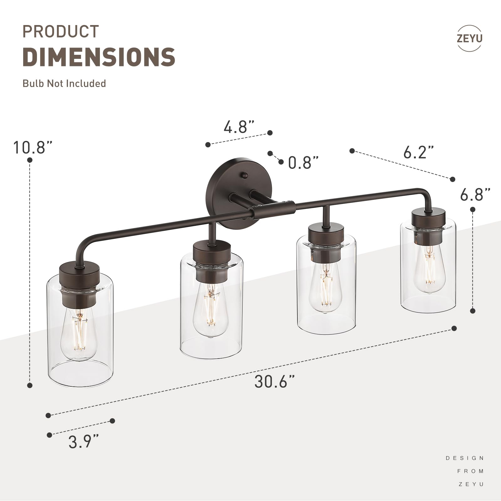 Zeyu Oil Rubbed Bronze Bathroom Vanity Light  4-Lights Bathroom Light Fixtures Over Mirror With Clear Glass Shade  30.6 Inch Wall Sconce Lighting Bath  Zs62B-4W Orb