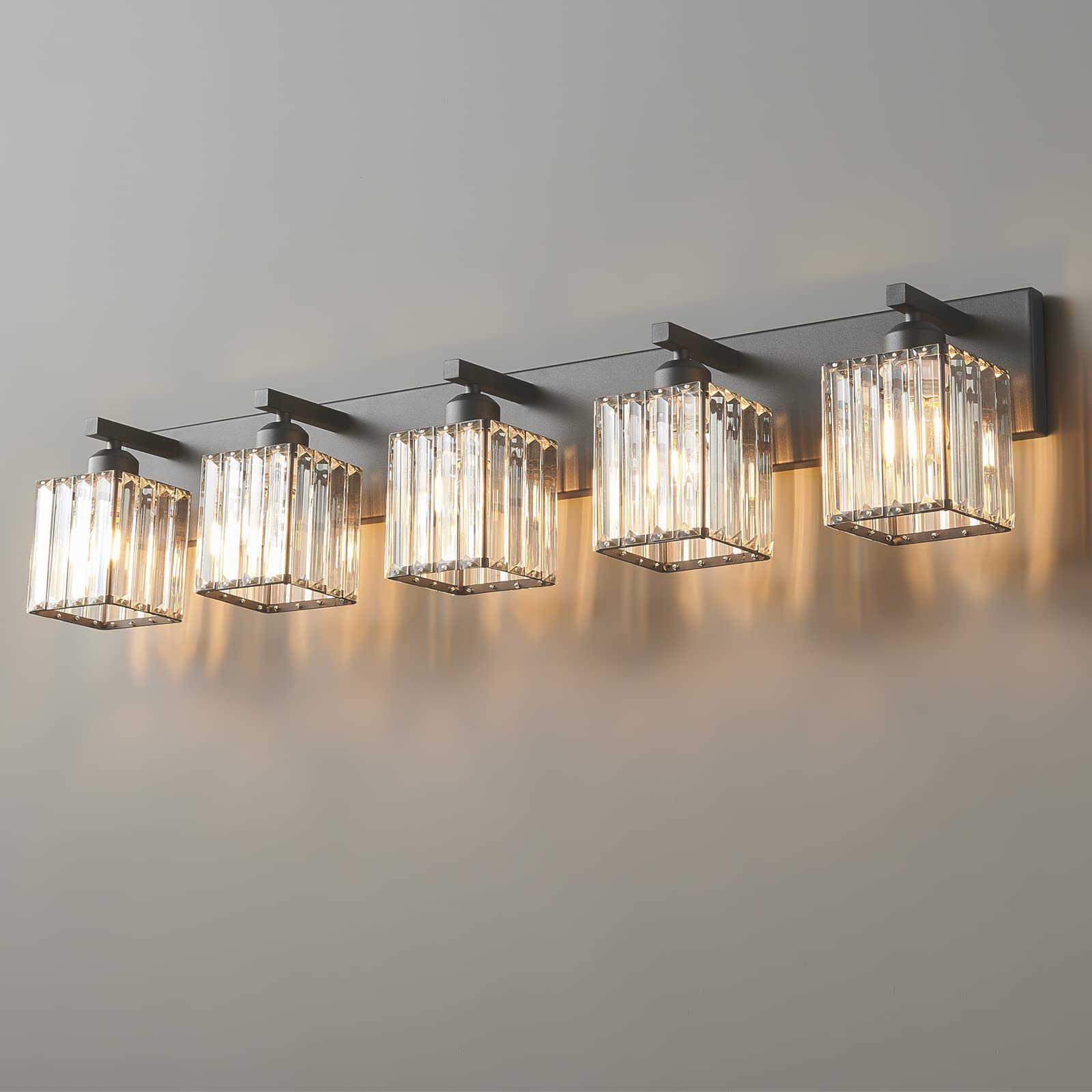 FDPBY Modern Black Crystal Bathroom Vanity Light - 5-Light Wall Fixture, Metal, JW-002, Black