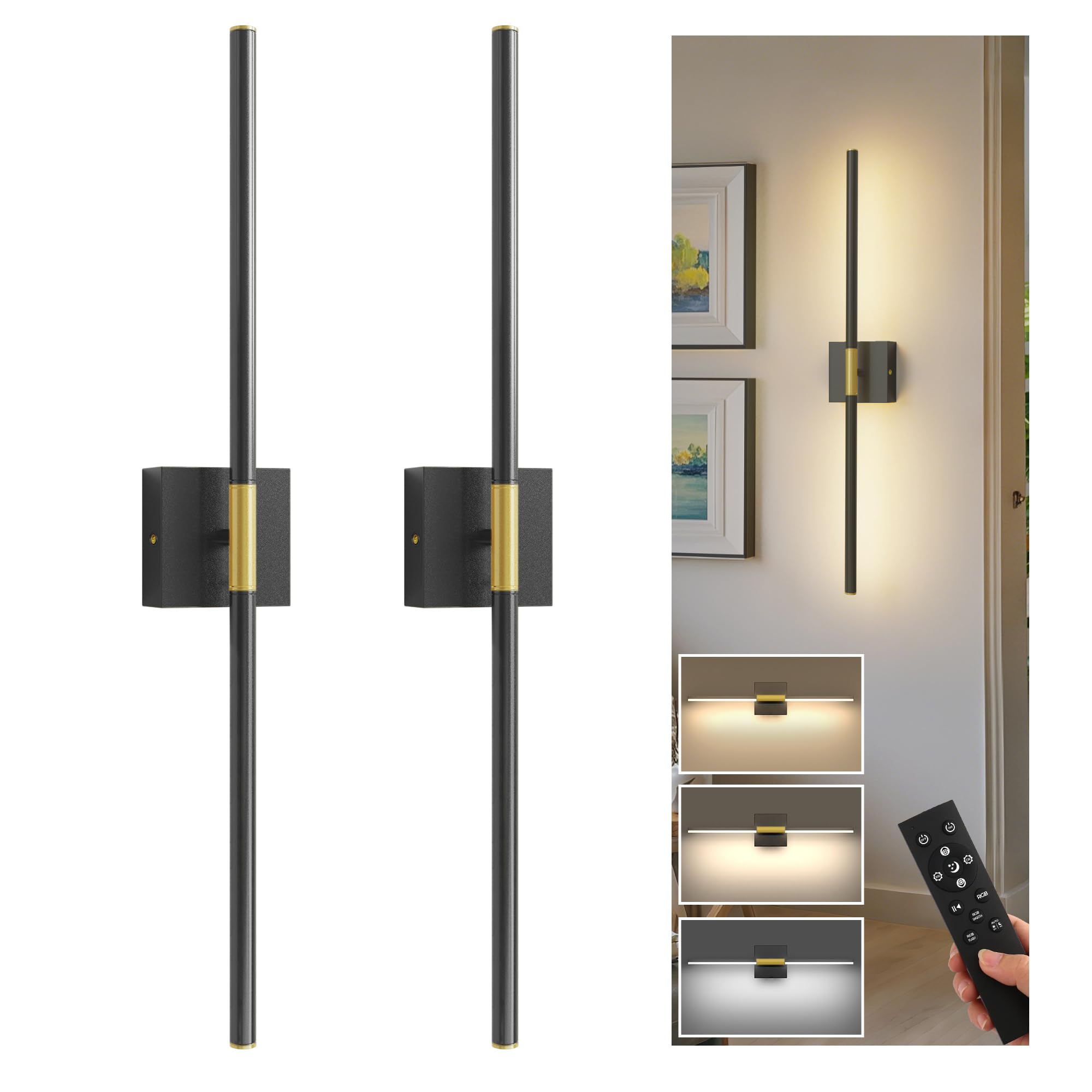 L LOHAS LED Wall Sconces Set of 2, 28.1in, Black and Gold, Rechargeable, 10000mAh, 3CCT Wireless Lighting for Bedroom and