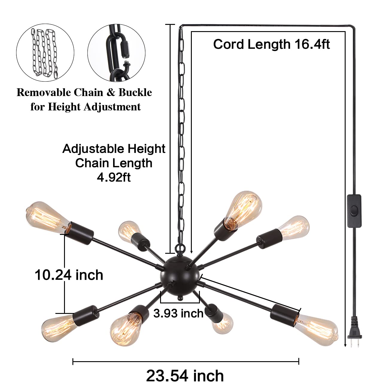 Lasenchoo 8-Light Black Plug-In Chandelier With 16.4Ft Cord & Switch - Modern Sputnik Pendant Light