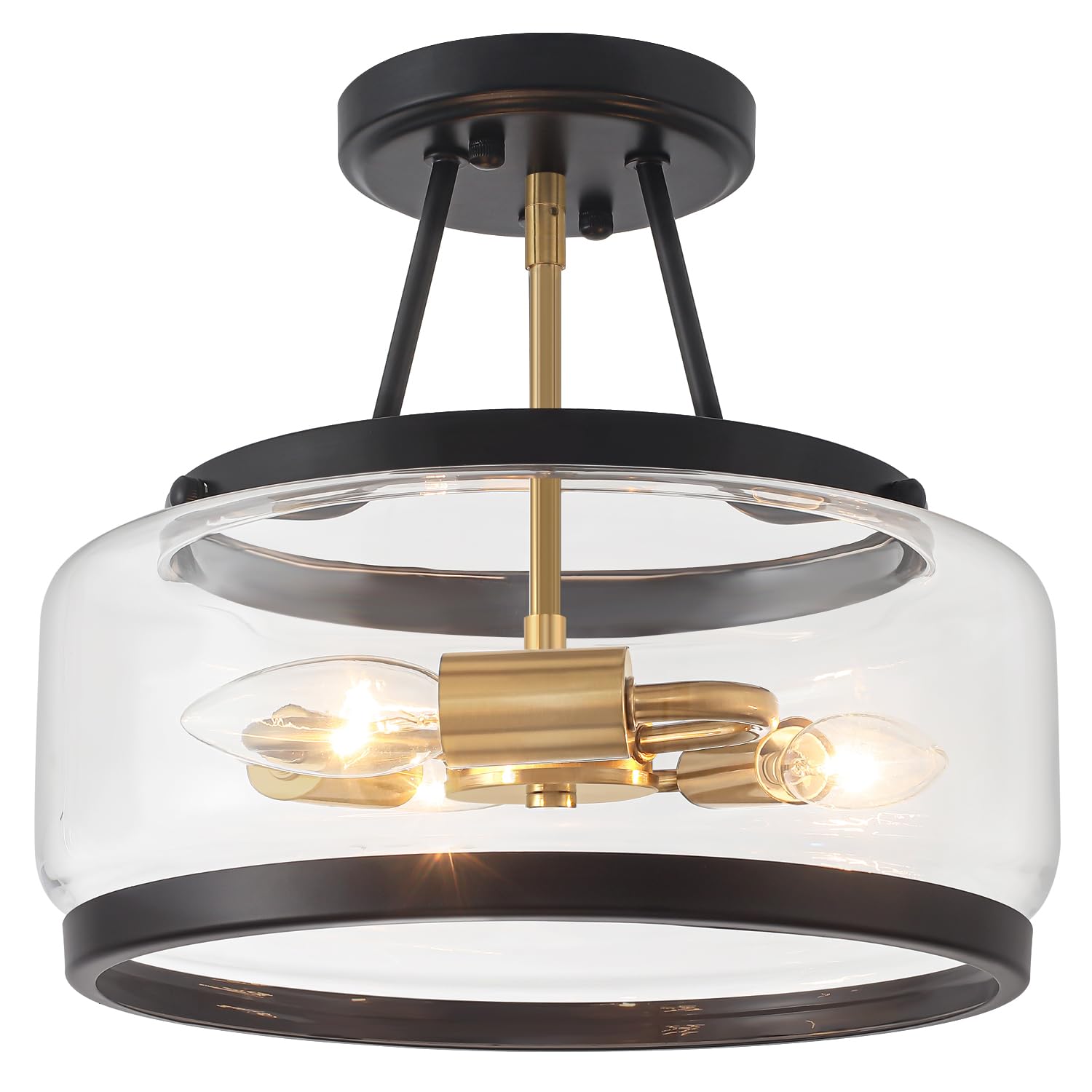 11.81 Black And Brushed Gold Close To Ceiling Light  3-Light Modern Drum Light Fixtures  Hallway Ceiling Lights  Glass Ceiling Lamp For Entryway Bedroom Laundry Kitchen Dining Room Lighting Ul-Listed