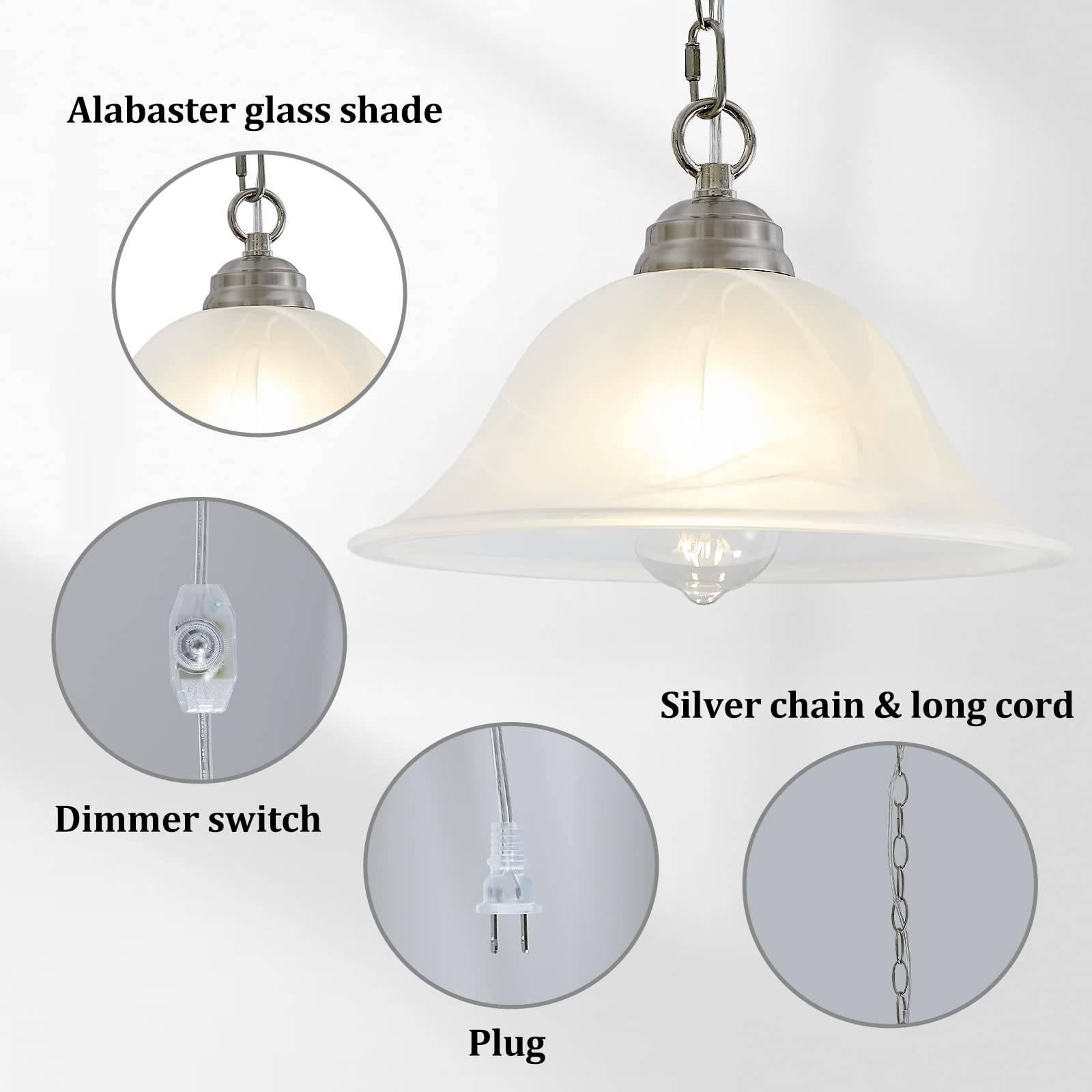 Shengqingtop 15.7&quot; D Alabaster Glass Pendant Light, Dimmable Brushed Nickel With Switch