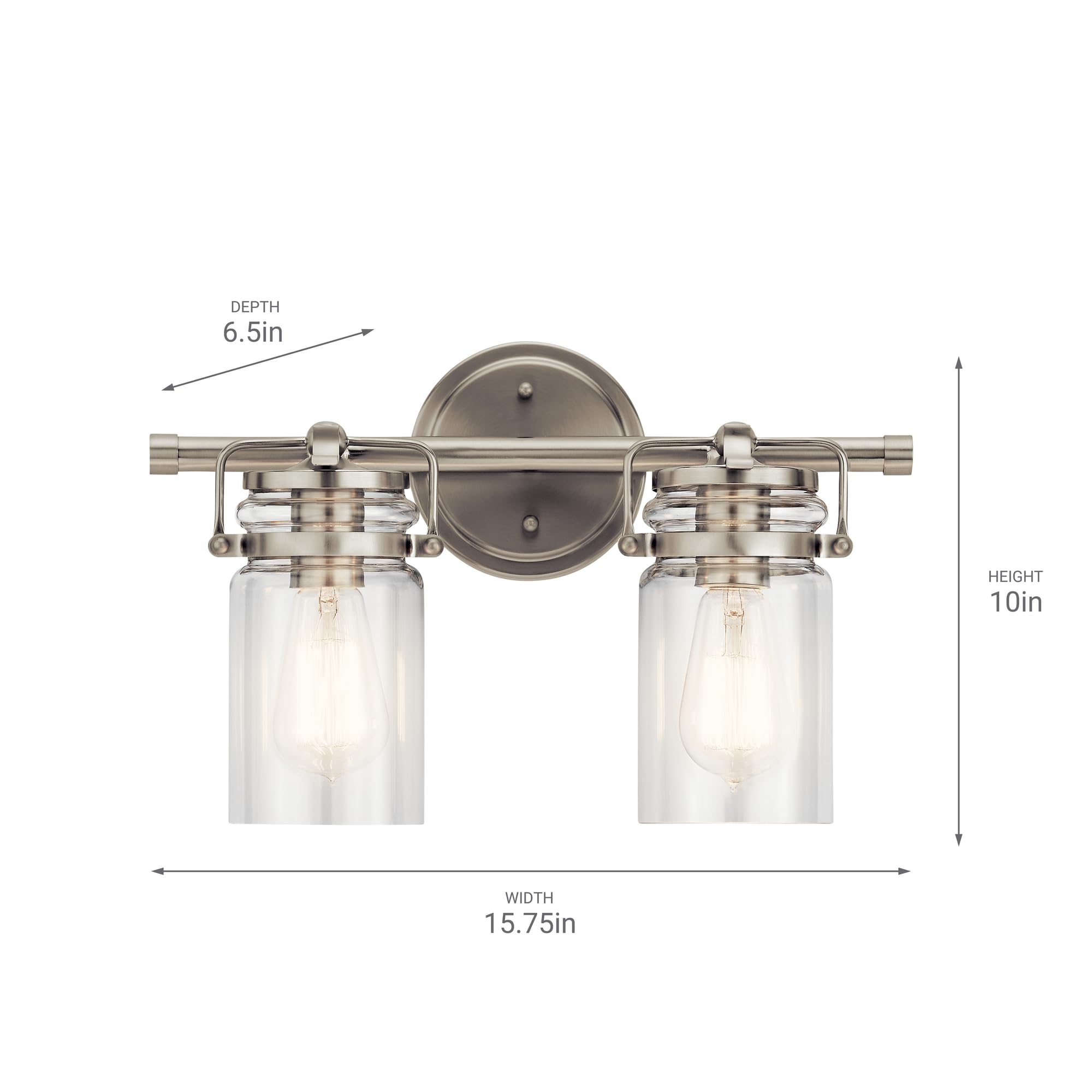 Kichler Brinley 15.75'' Vanity Light In Brushed Nickel, 2-Light Farmhouse Bathroom Vanity Light With Clear Glass, (15.75'' W X 1