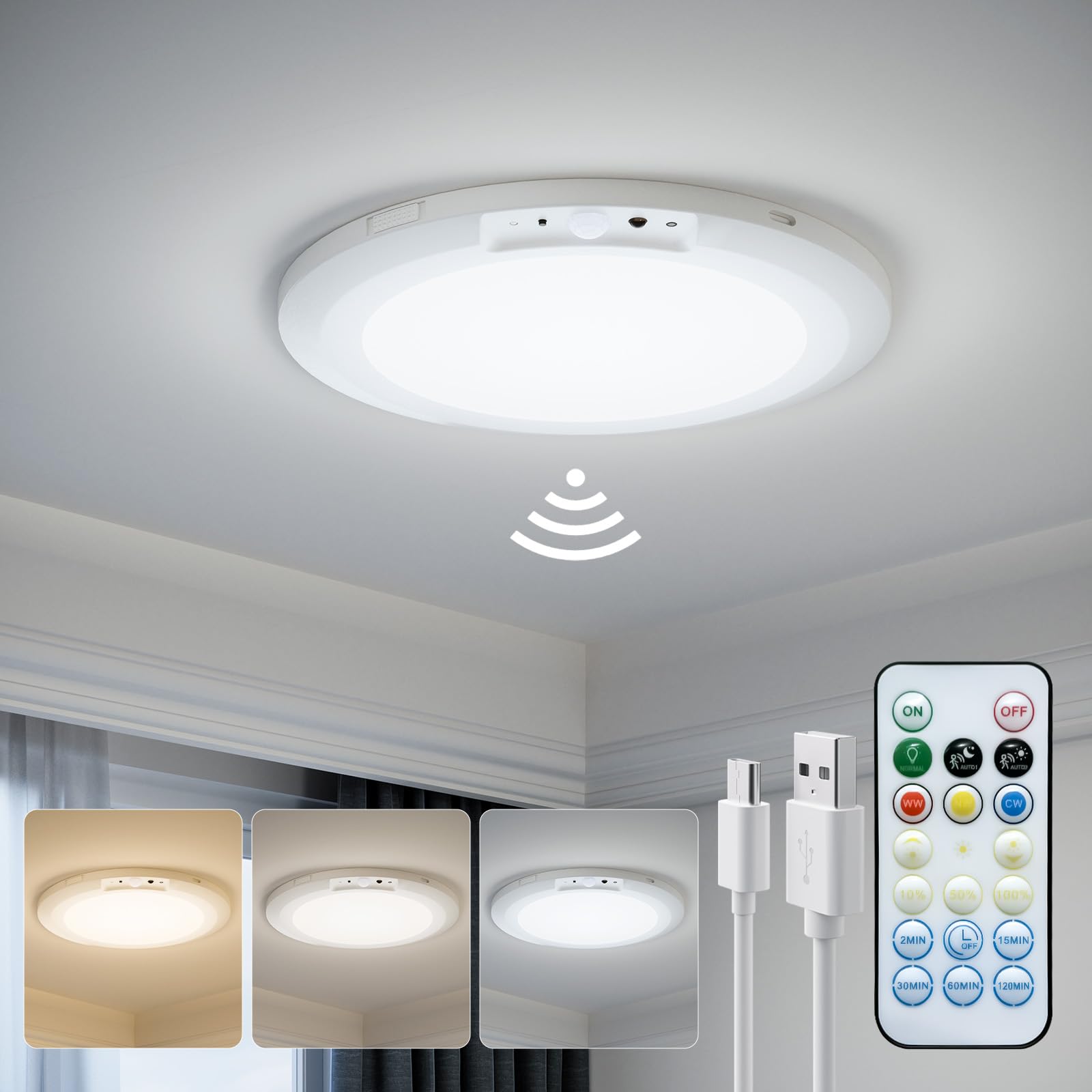 JACKYLED Rechargeable Motion Sensor Ceiling Light, 10000mAh Battery, Remote Control, Round 1 Pack, White, Model JKCL04