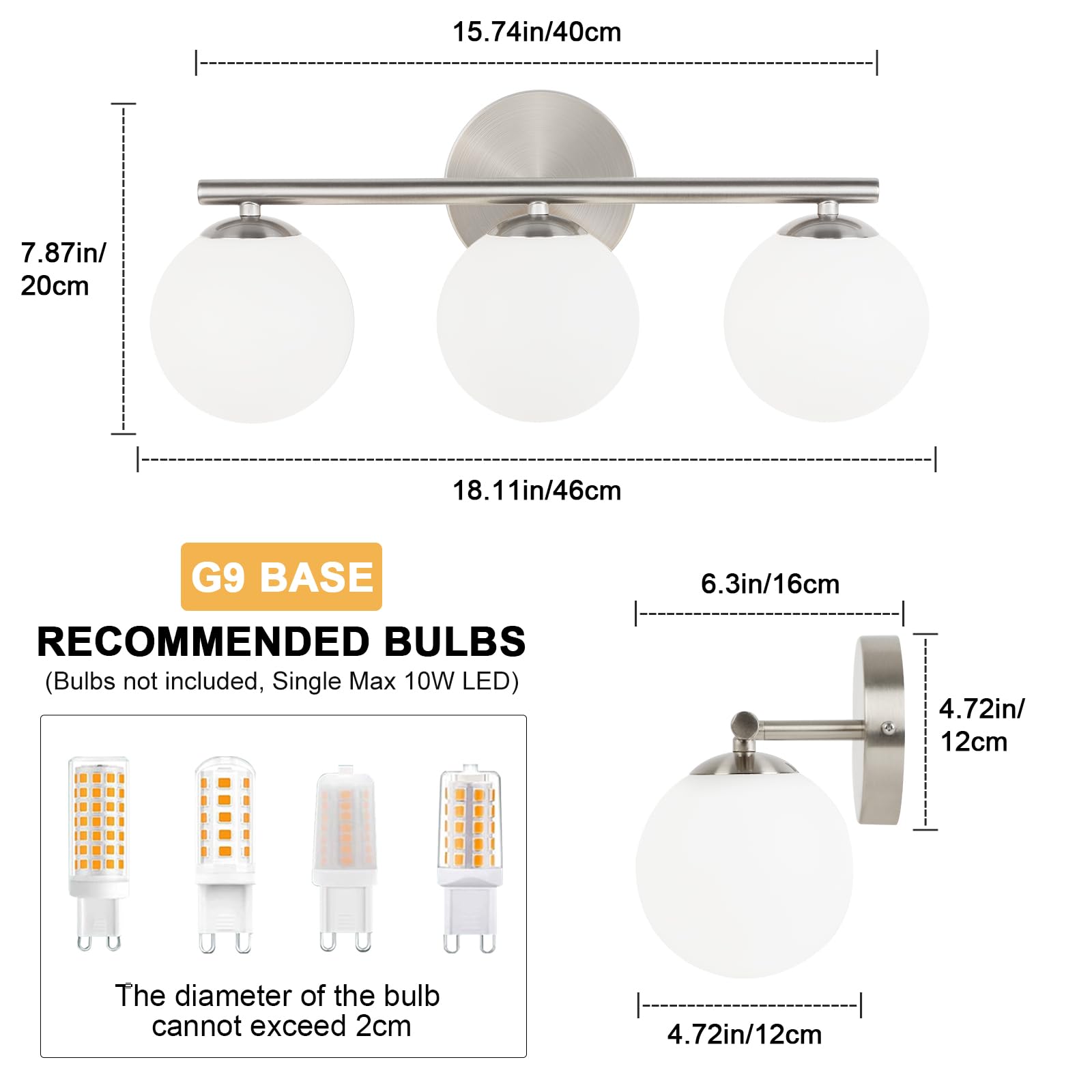 foucasal 3-Light Brushed Nickel Bathroom Vanity Light Fixture - 11.81" Globe Shades, Metal and Plastic, Model ULYQBD47-3C