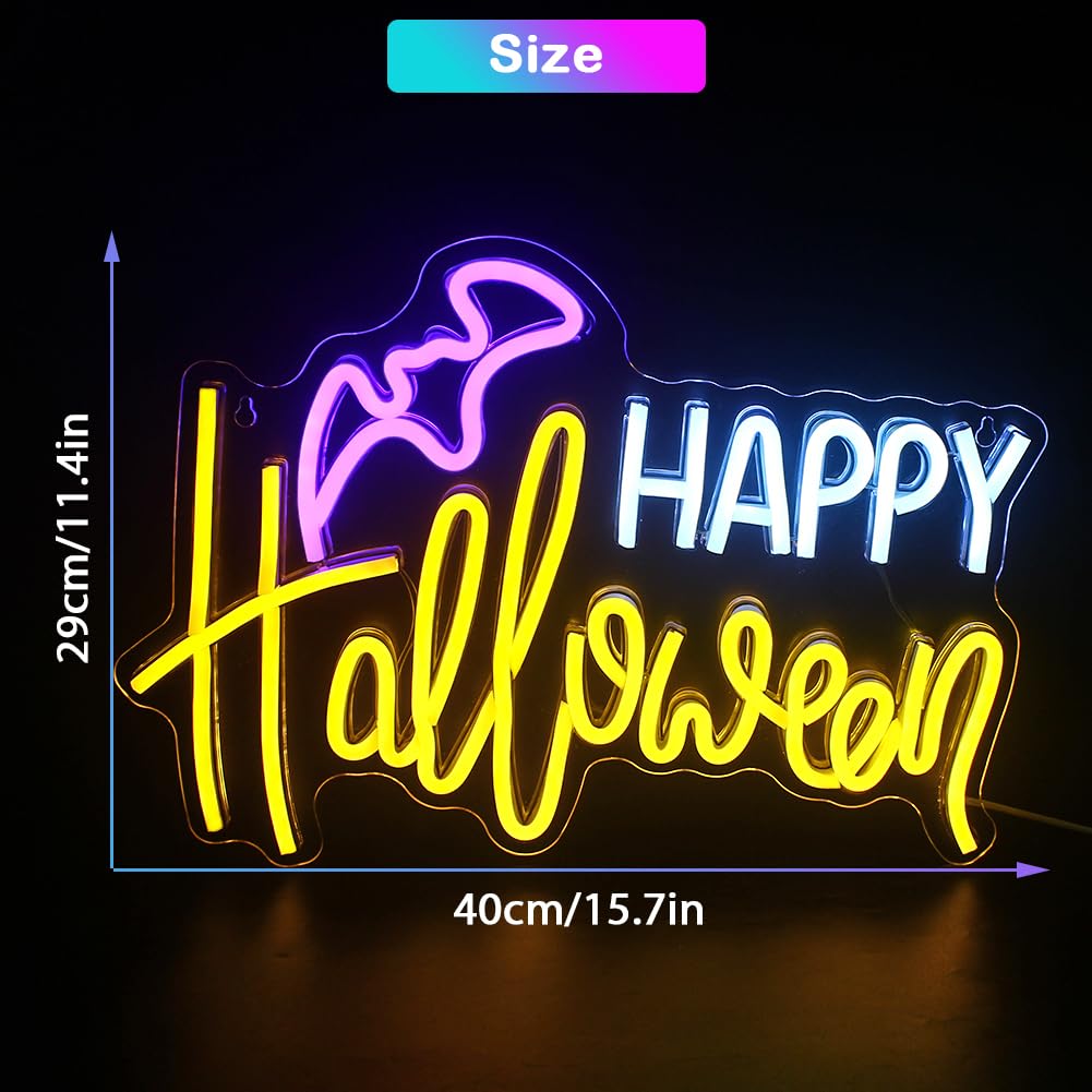 Jurongyilu Halloween Neon Sign Led Happy Halloween Neon Lights For Wall Decor Usb Colorful Bat Light Up Signs For Bedroom Home Bar Man Cave Holiday Party Decor Gifts