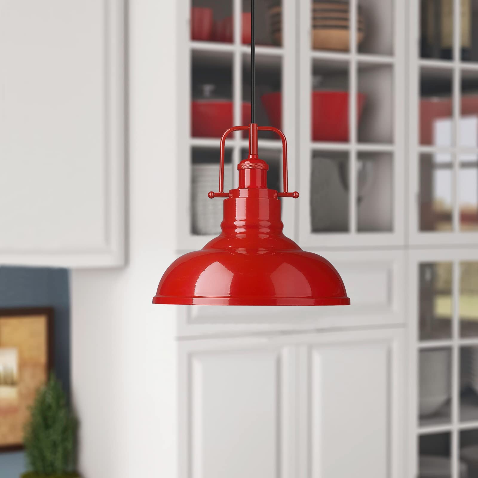 Zeyu 2 Pack Modern Pendant Lights, 11-Inch Kitchen Light Fixtures With Metal Dome Lampshade, Red Finish, 016-1-2Pk Red