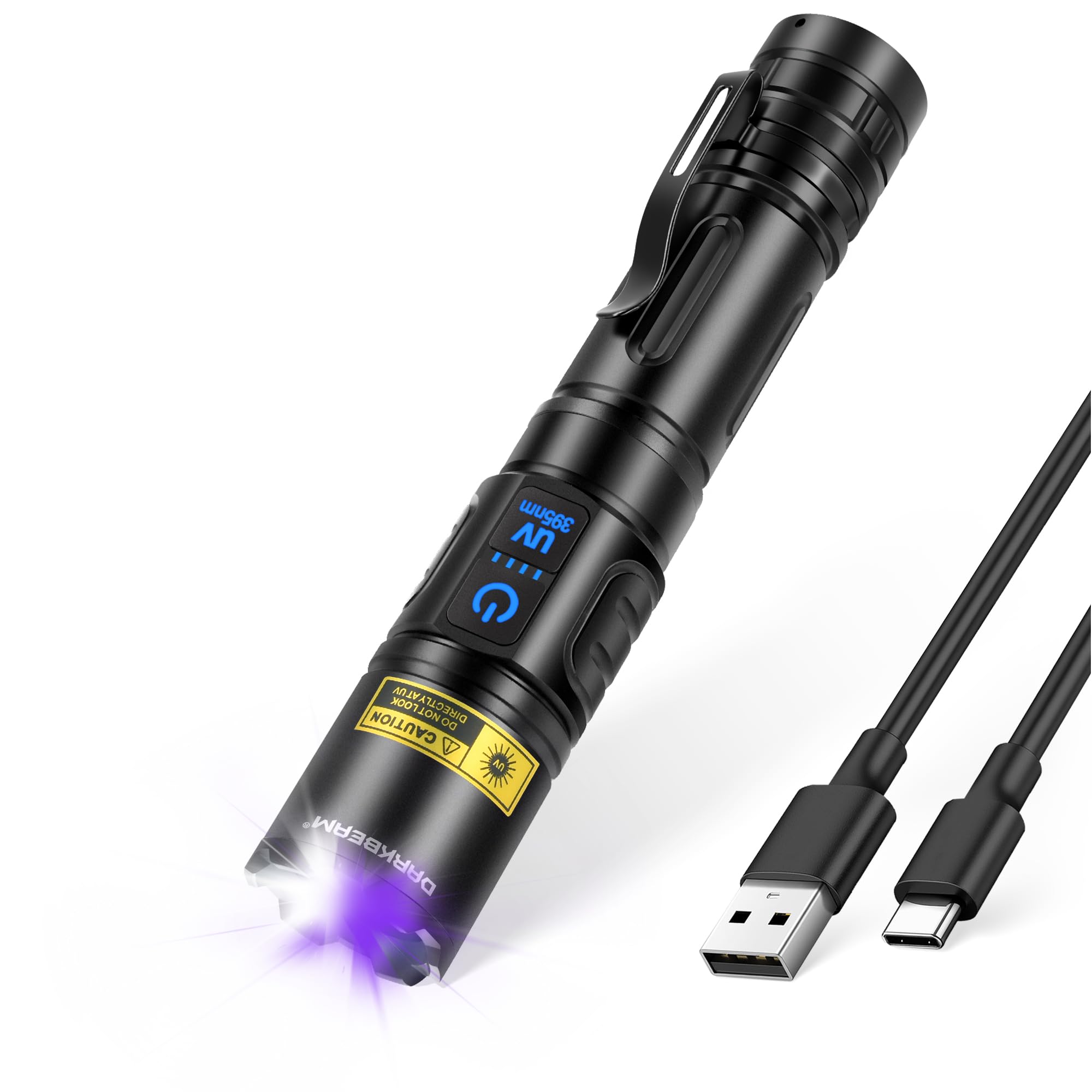 DARKBEAM UV Flashlight 395nm Black Light, Rechargeable LED, Pocket-size A900, Aluminum, White + UV 395nm