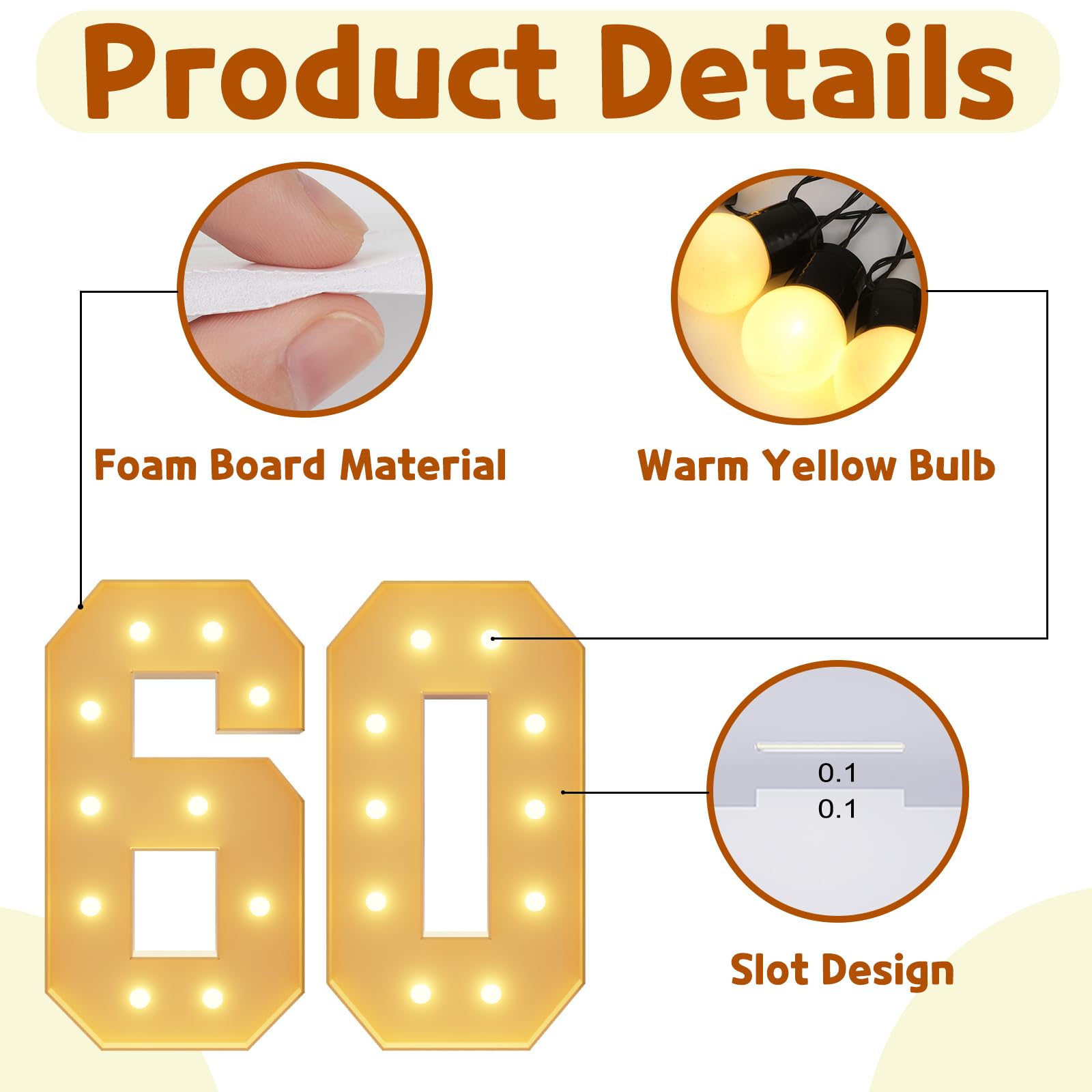 imprsv Light Up Numbers - 60th Birthday Decorations - Foam Board - 4FT Size - Marquee Style