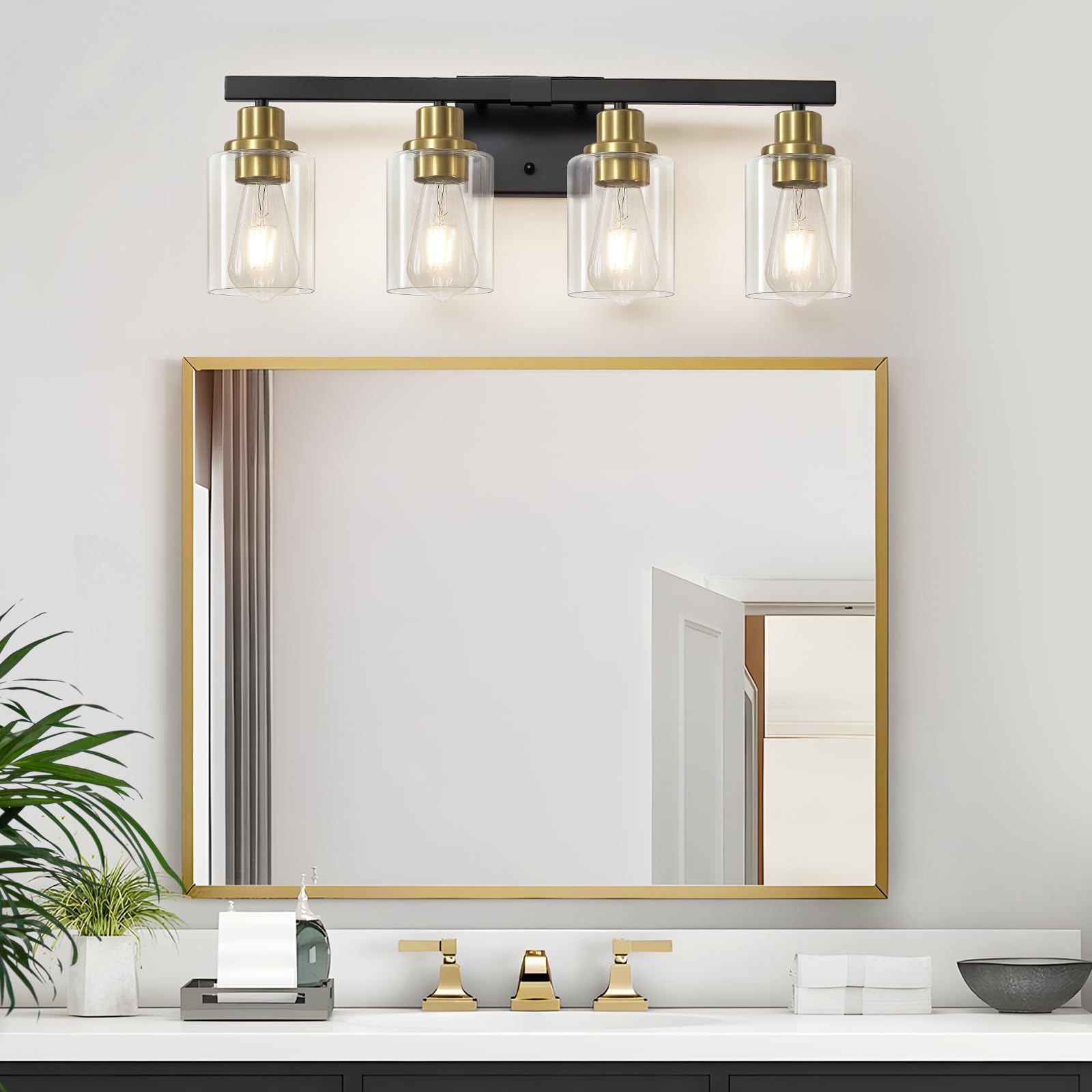 DIKAIDA Bathroom Vanity Light 4-Light Black & Gold Metal Fixture with Clear Glass Shade, Model BLBD-G-4
