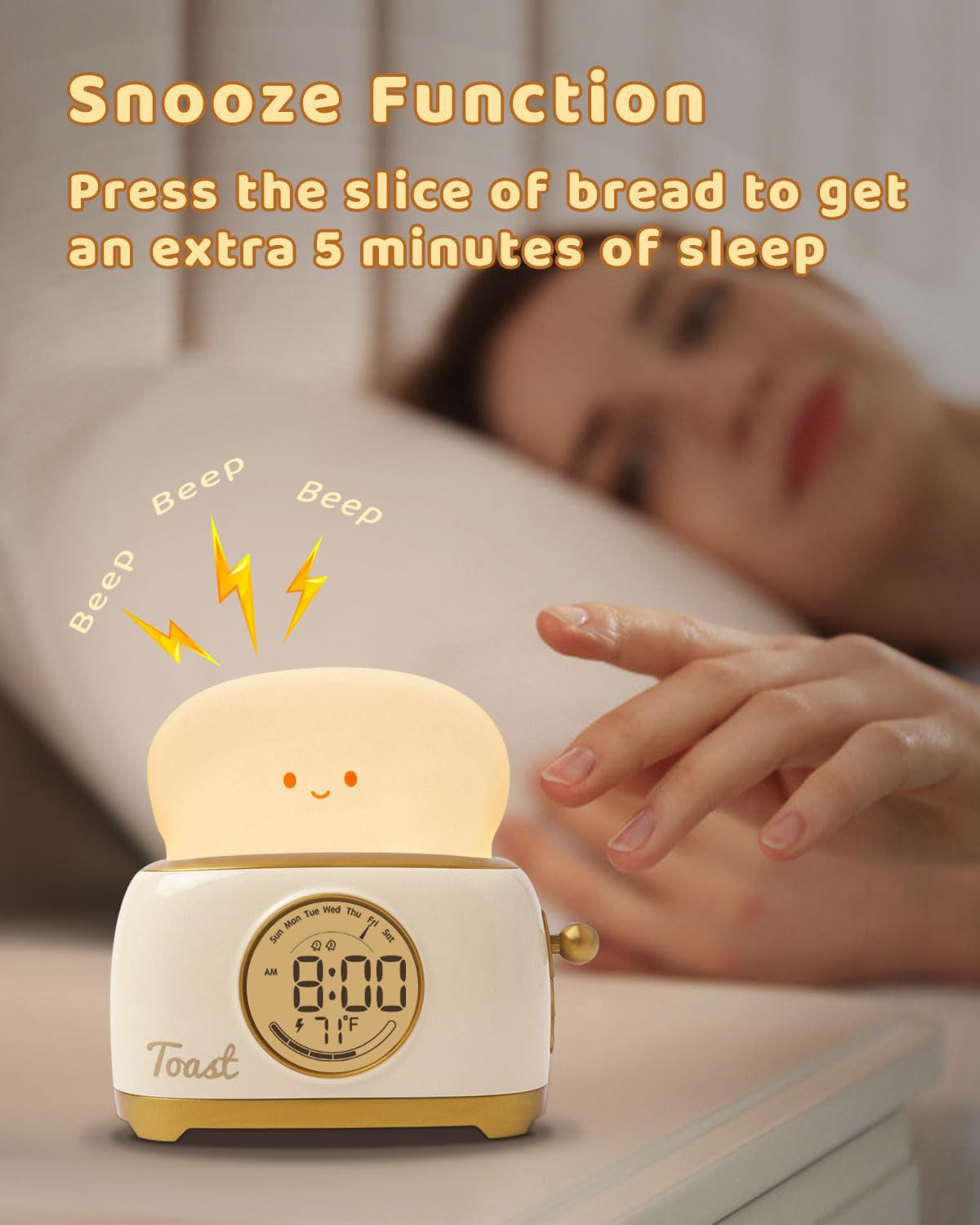 BANDIANCY Toast Night Light Alarm Clock - Cute Yellow Silicone Kids Sleep Trainer for Toddlers, Gifts for Boys & Girls, Bedroom Decor