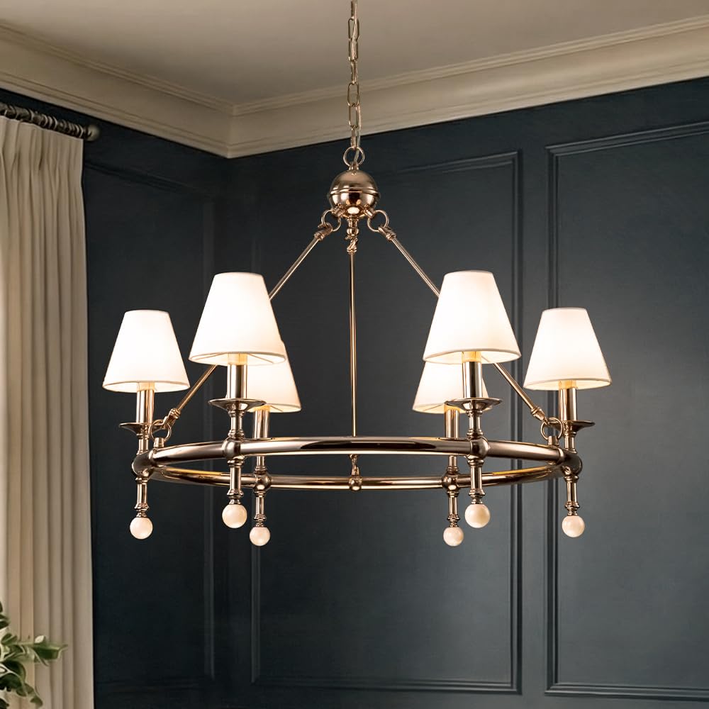 ALOADECOR 6-Light W34 Inch Polished Nickel Statement Chandelier with White Pleated Fabric Shades and Alabaster Finials Large Rou