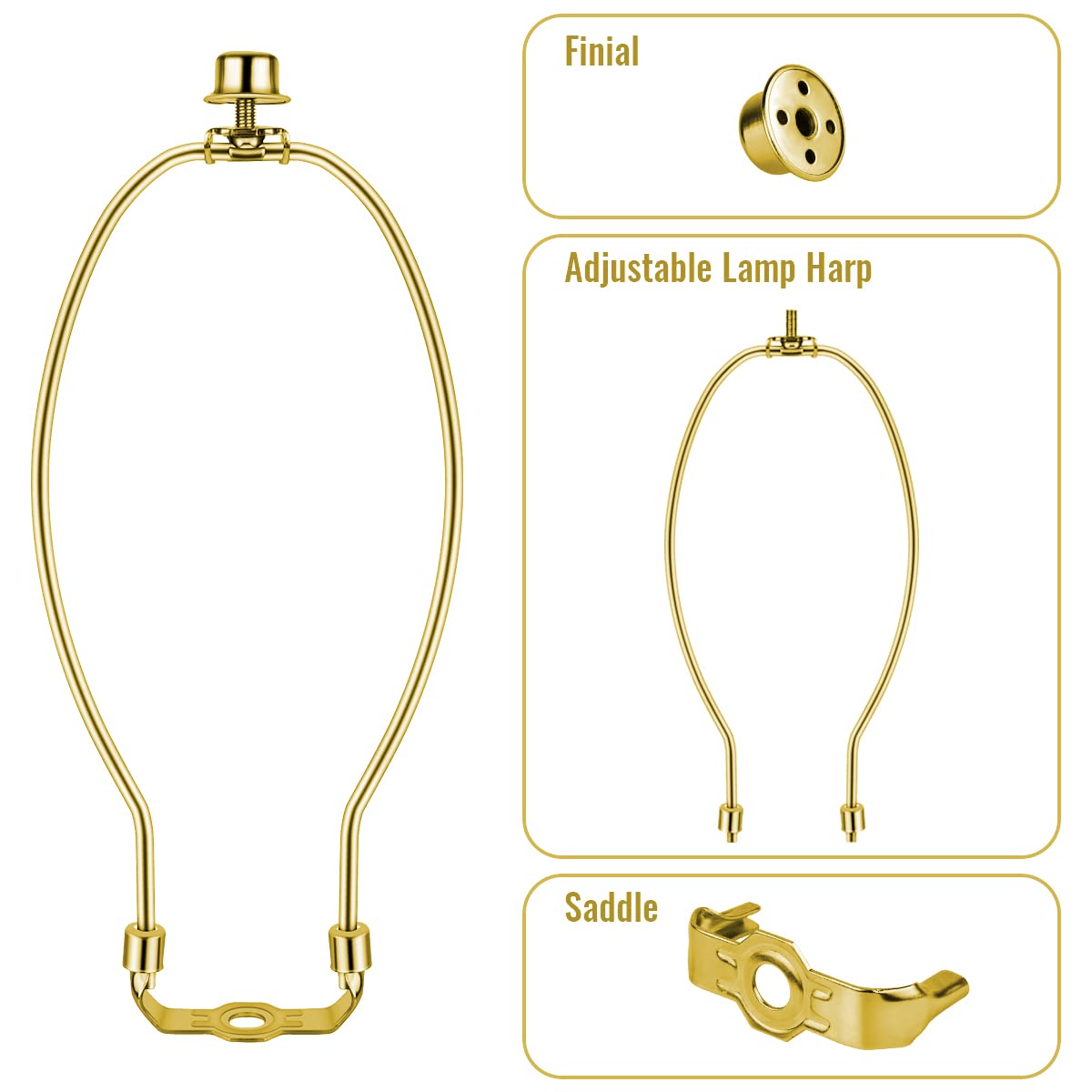yuntop 7 Inch Lamp Shade Harp Holders, Heavy Duty Metal Bracket, Polished Brass, Model 301843, Detachable for Floor/Table Lamps