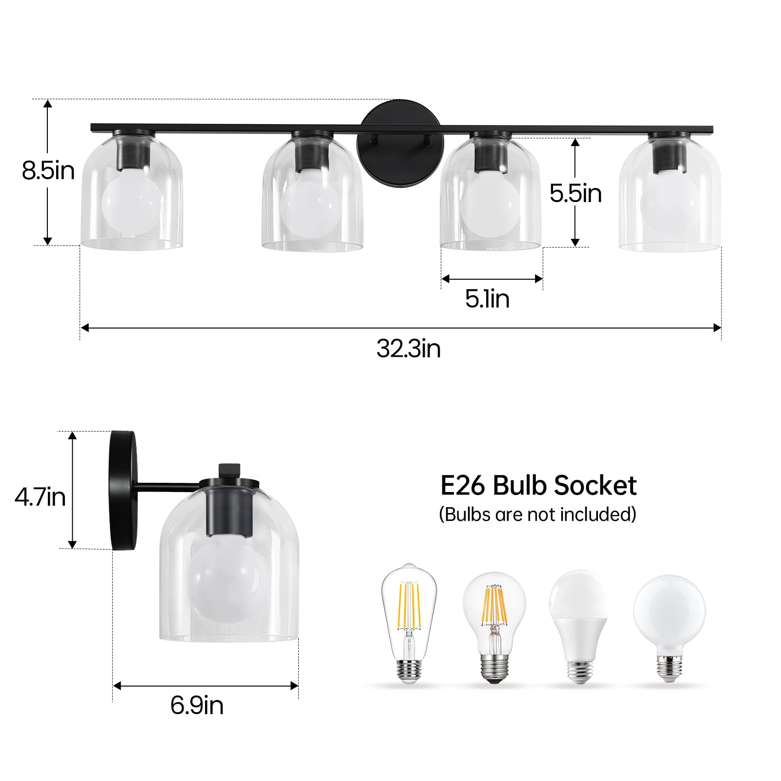 Woshitu Bathroom Vanity Light Fixtures: 32.3 Inch Modern Matte Black Bathroom Lighting Fixtures Over Mirror With Clear Glass Sha