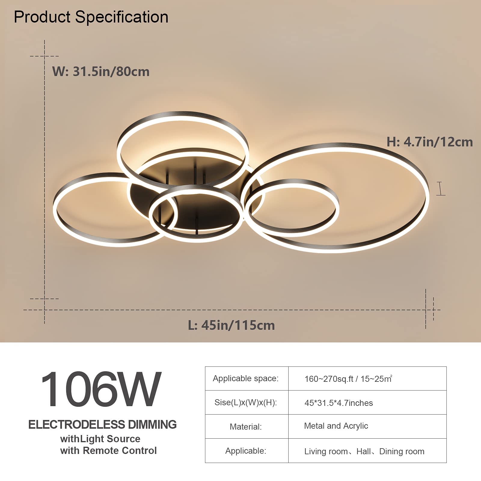 Modern Led Ceiling Light 106W Dimmable Acrylic Ceiling Lamp With Remote Control 6 Rings Circle Living Room Light Fixtures Ceilin