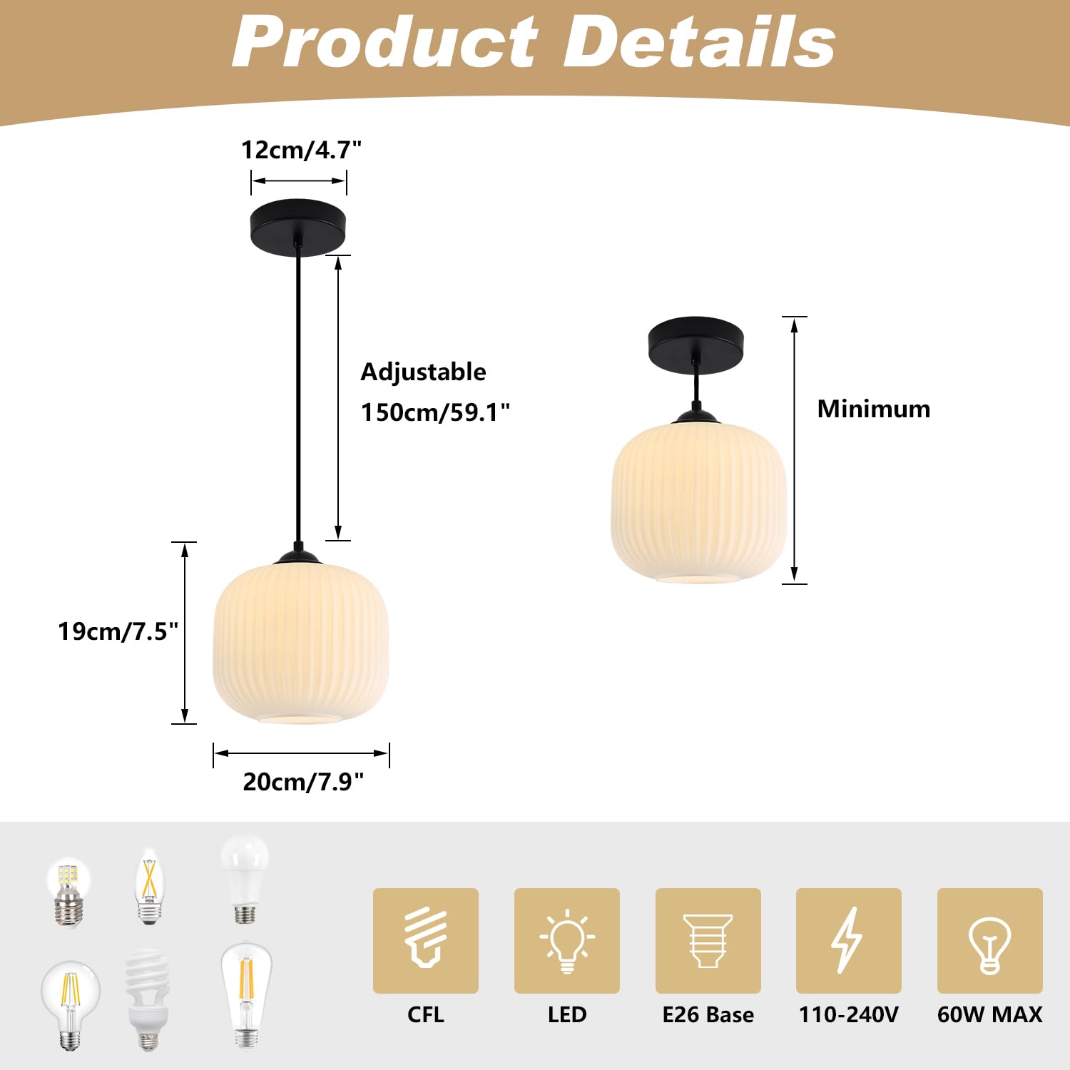Kco Lighting Frosted White Glass Pendant Light Black Pendant Light Fixture Mid Century Modern Globe Pendant Light Rustic Farmhou