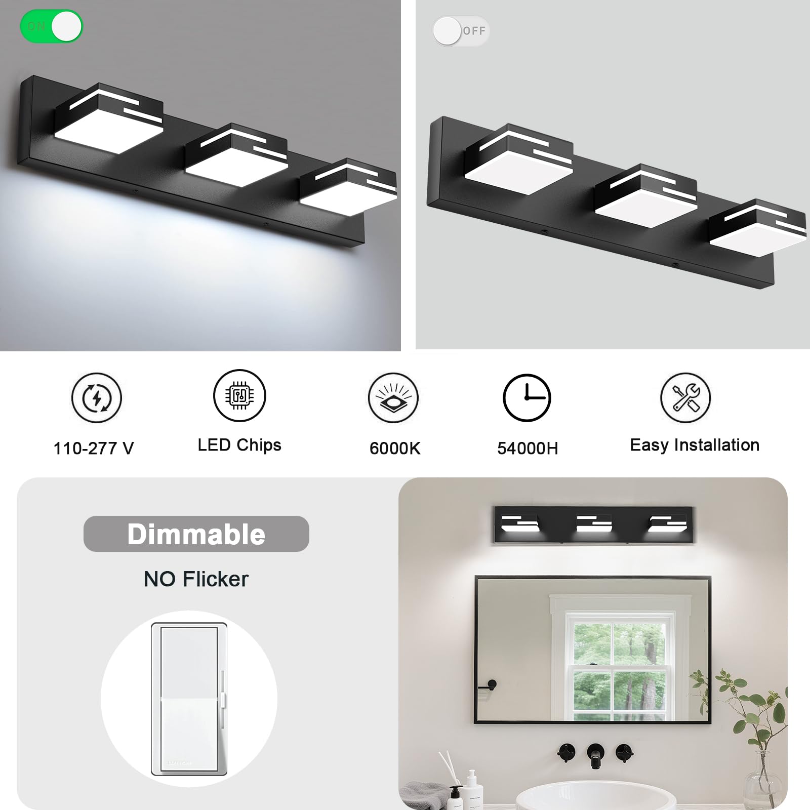 LKHF 3-Light LED Bathroom Vanity Light, Dimmable Matte Black, 22-inch, 350° Rotatable Acrylic Heads, Cool White 6000K