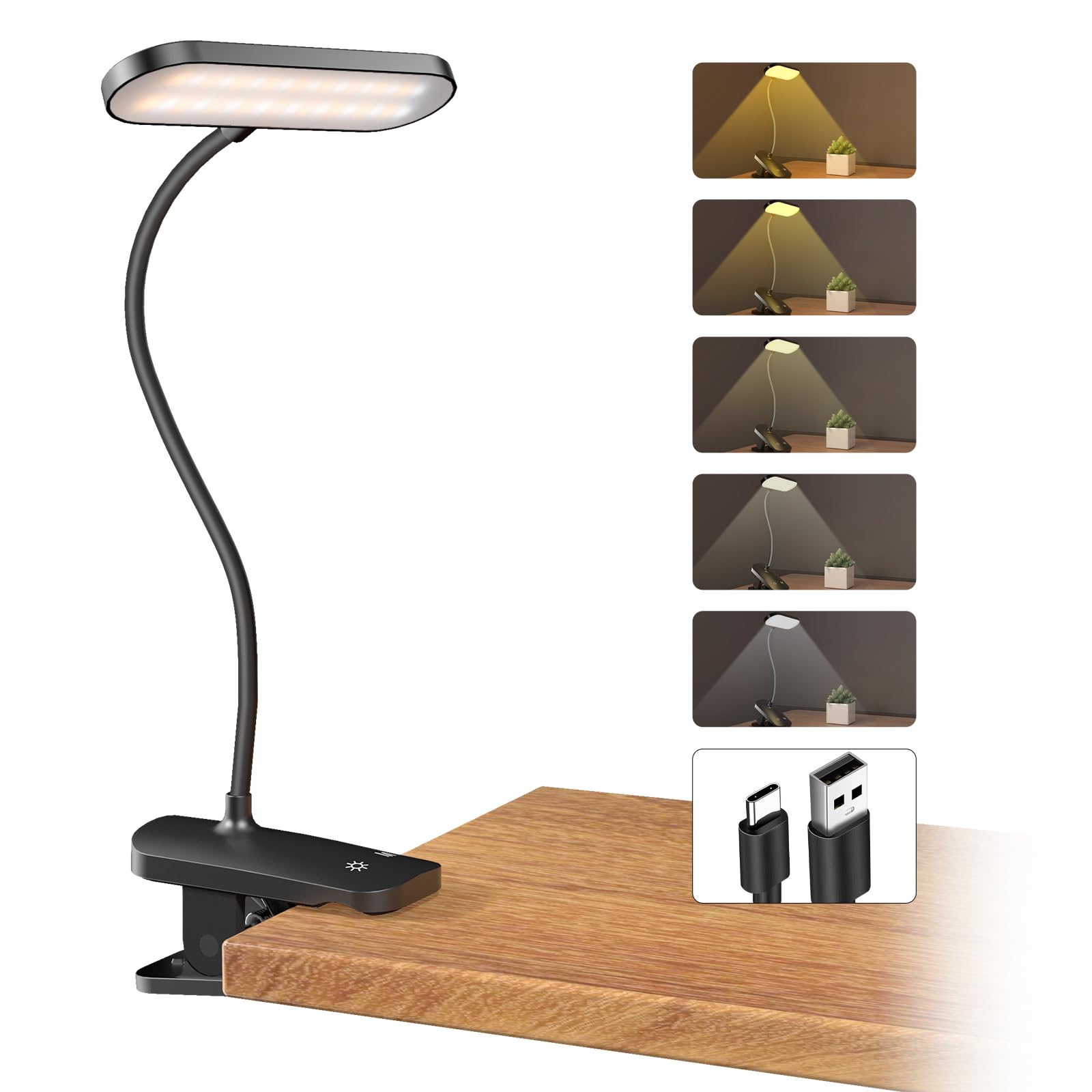 CUHIOY Desk Lamp Clip on Reading Light  USB-C Battery-Operated Rechargeable Table Lamps with Clamp for Dorm Home Office  38LEDs Bed Headboard Light  5 Colors 5 Brightness  Flexible Gooseneck (Black)