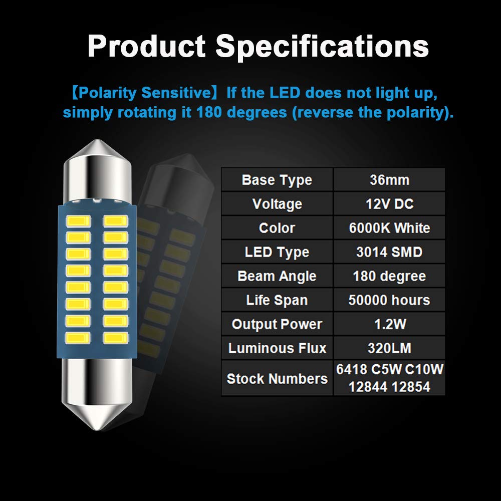 Serundo Auto 6418 Led Festoon Bulb 36Mm 1.42In C5W Festoon Led, Super Bright 16Smd 3014 Chips 6000K White Interior Led Bulb Used